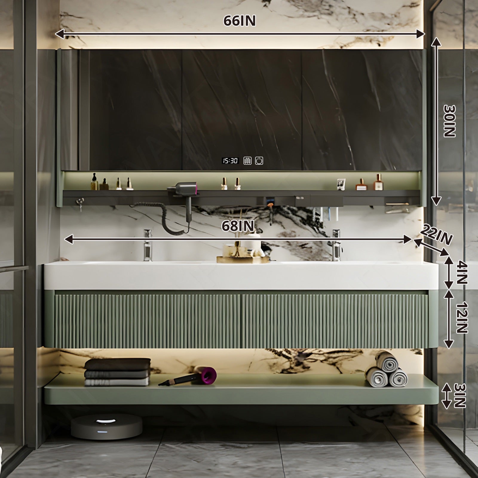 Modern Bath Vanity Set, Green, White Slate Top, Striped Panels, 36"- 78", Double, Floating, Smart LED Mirror, Rear Cabinet, Storage Rack