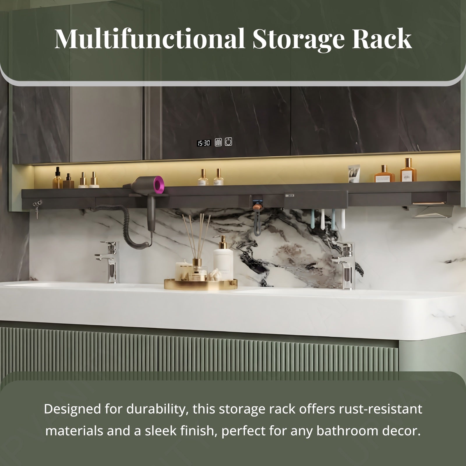 Modern Bath Vanity Set, Green, White Slate Top, Striped Panels, 36"- 78", Double, Floating, Smart LED Mirror, Rear Cabinet, Storage Rack