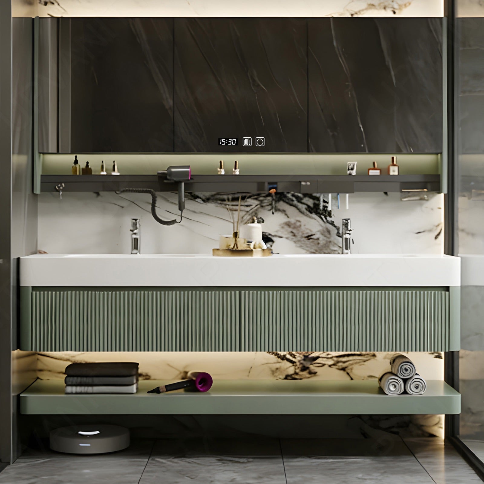 Modern Bath Vanity Set, Green, White Slate Top, Striped Panels, 36"- 78", Double, Floating, Smart LED Mirror, Rear Cabinet, Storage Rack