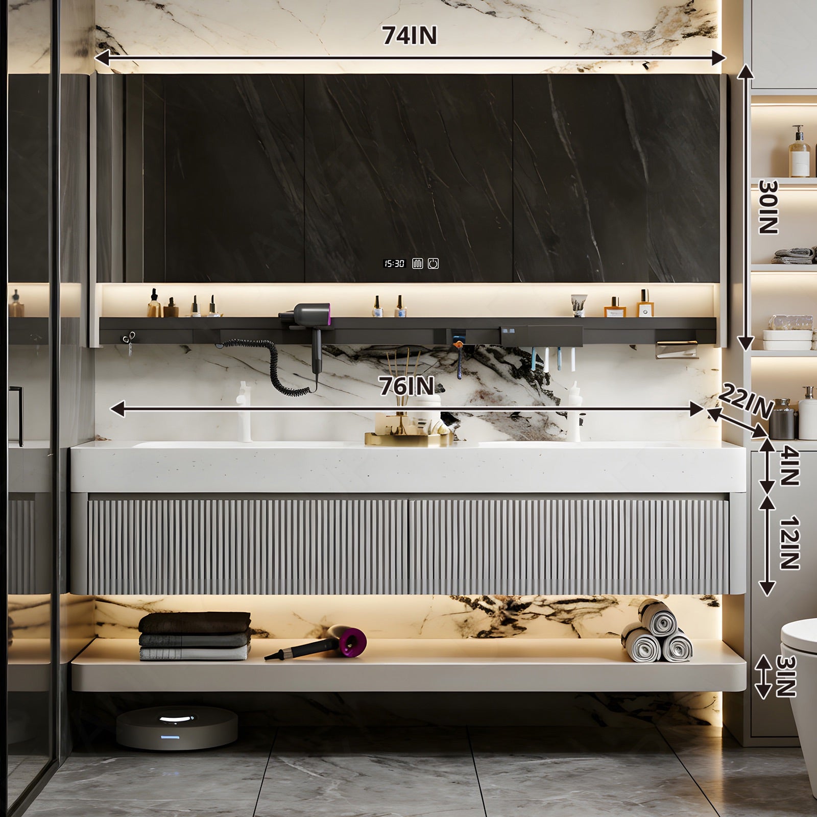 Modern Bath Vanity Set, Light Gray, White Slate Top, Striped Panels, 36"- 78", Double, Floating, Smart LED Mirror, Rear Cabinet, Storage Rack