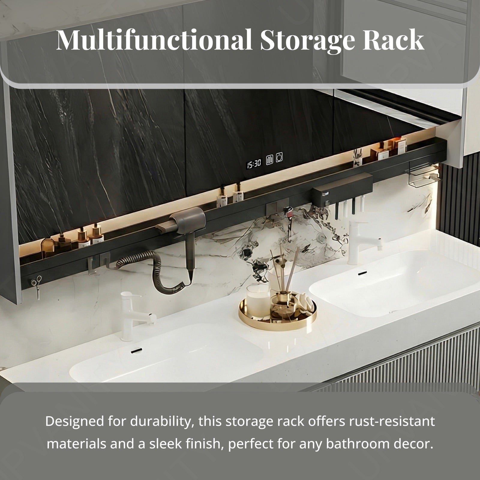 Modern Bath Vanity Set, Light Gray, White Slate Top, Striped Panels, 36"- 78", Double, Floating, Smart LED Mirror, Rear Cabinet, Storage Rack