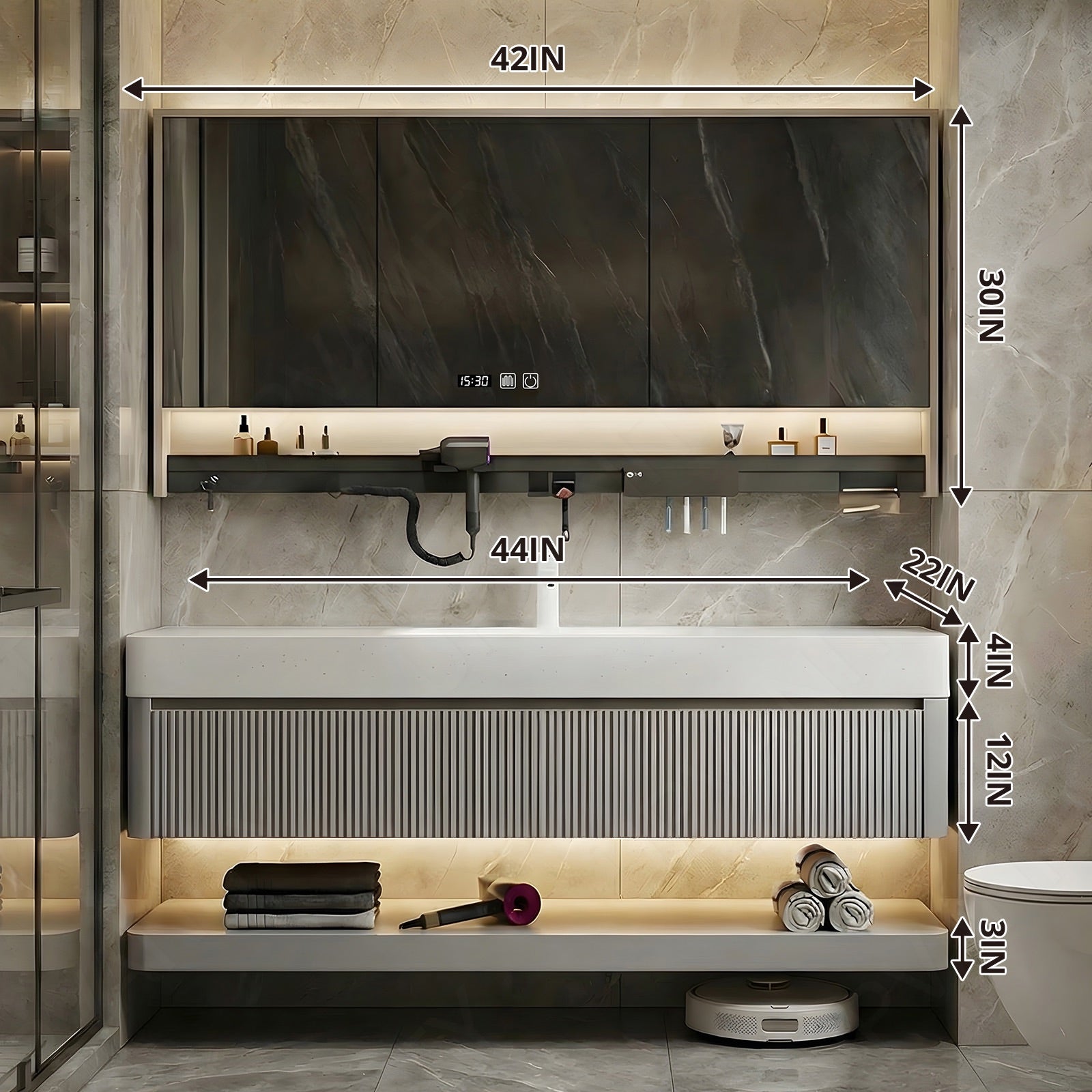 Modern Bath Vanity Set, Light Gray, White Slate Top, Striped Panels, 36"- 78", Double, Floating, Smart LED Mirror, Rear Cabinet, Storage Rack