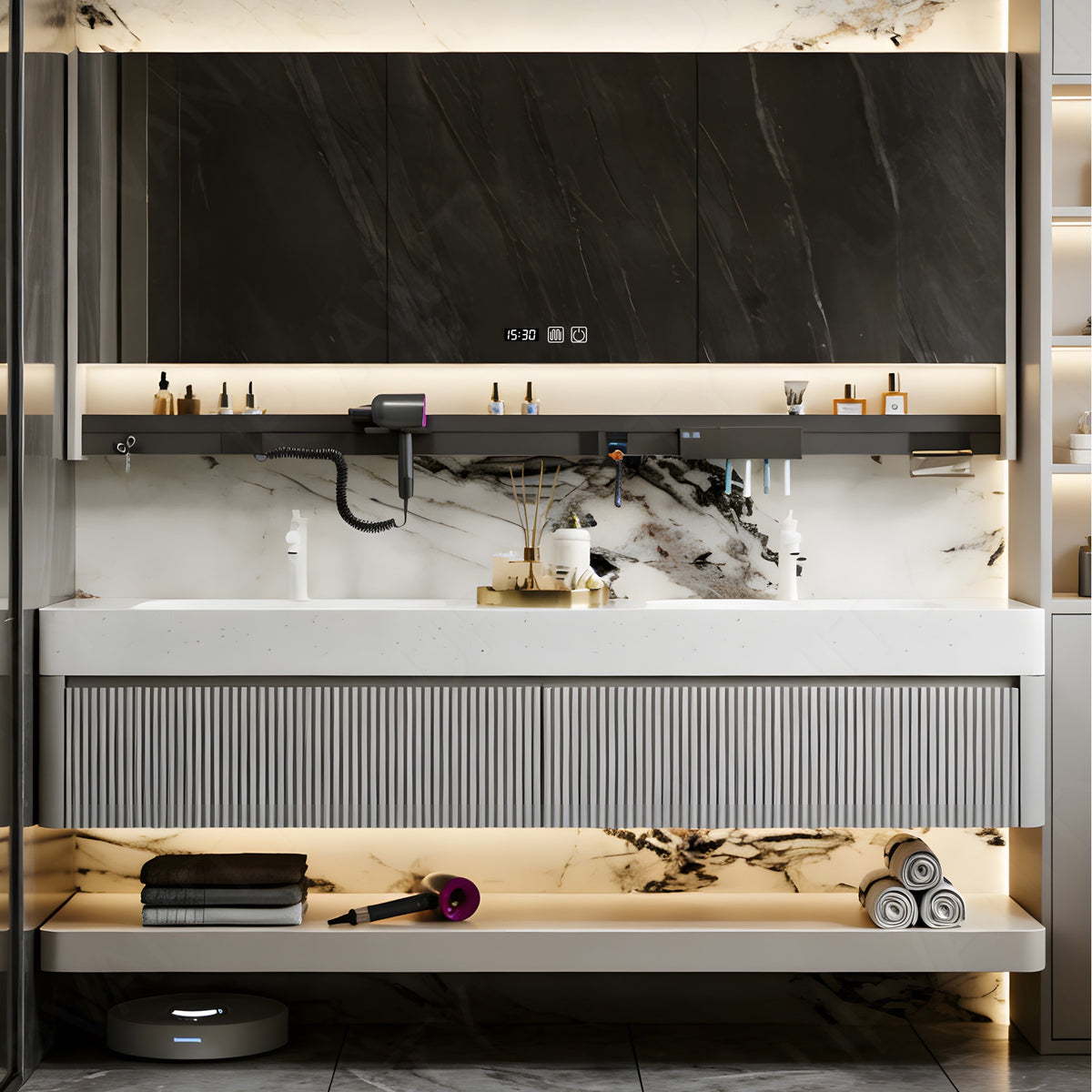 Modern Bath Vanity Set, Light Gray, White Slate Top, Striped Panels, 36"- 78", Double, Floating, Smart LED Mirror, Rear Cabinet, Storage Rack