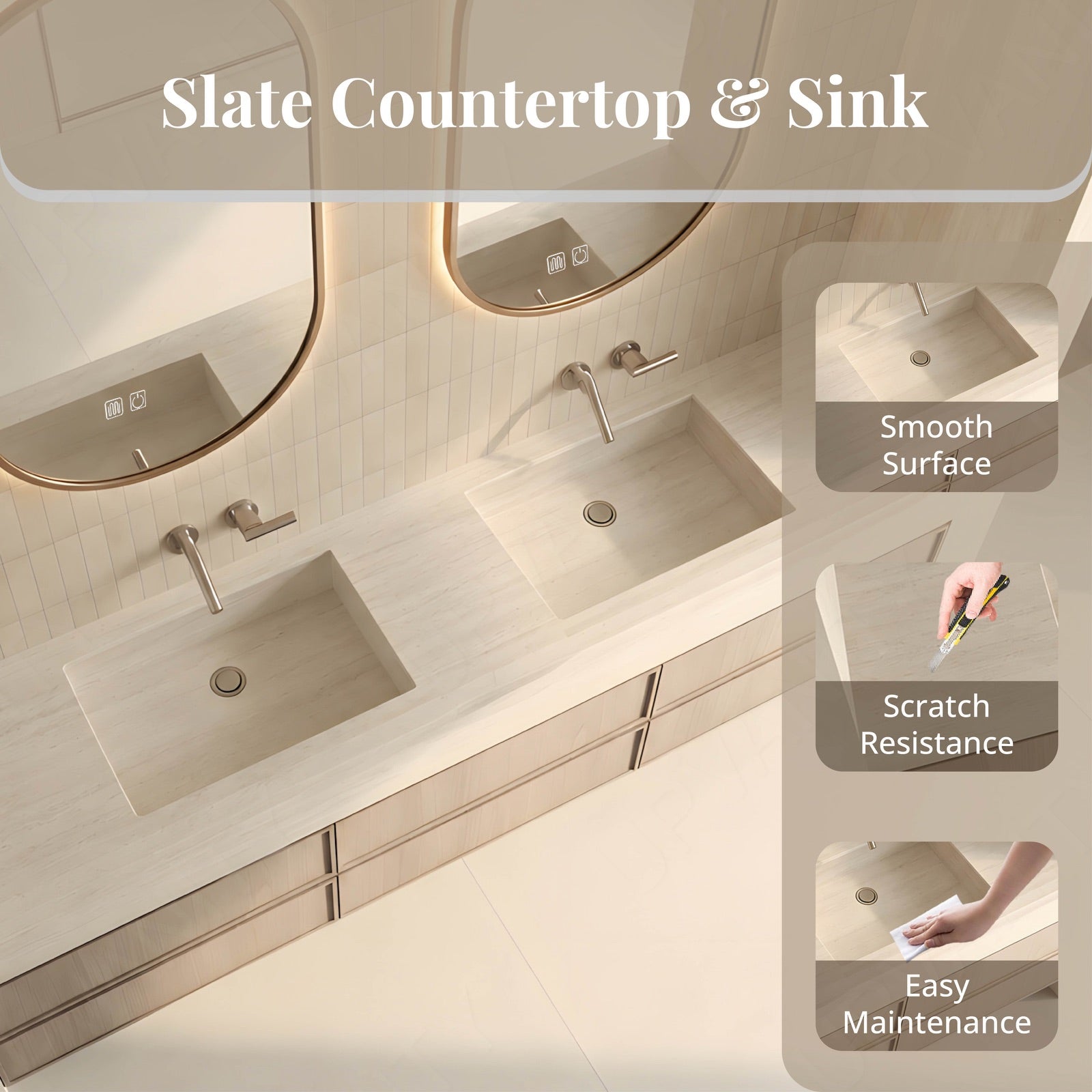 Modern Bath Vanity Set, Light Oak, Beige Travertine Top, 52"-78", Double, Floating, Smart LED Mirror