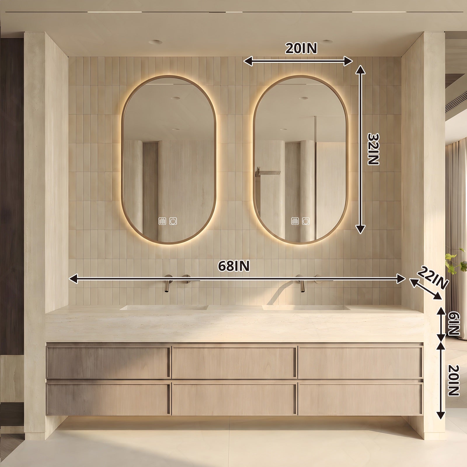 Modern Bath Vanity Set, Light Oak, Beige Travertine Top, 52"-78", Double, Floating, Smart LED Mirror