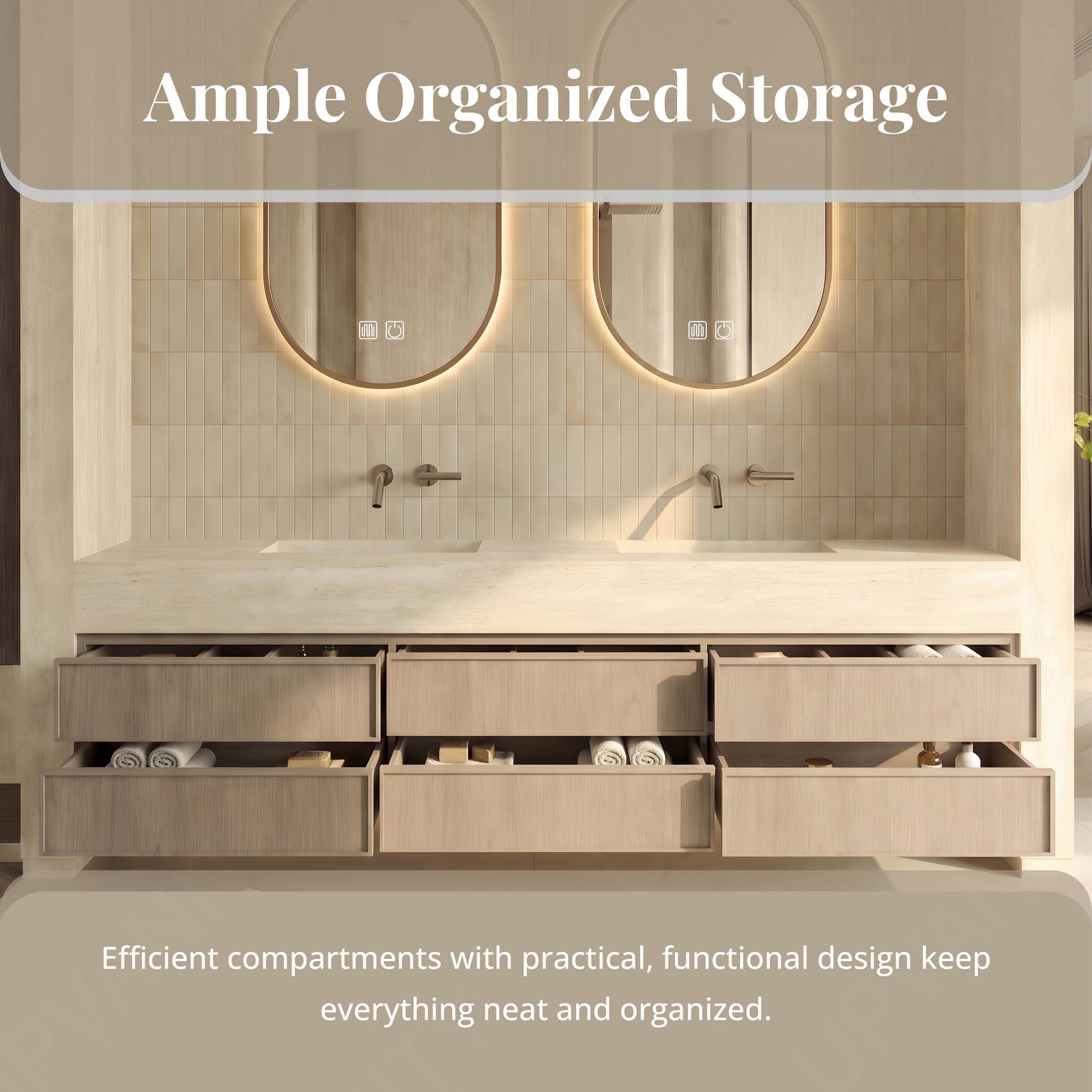 Modern Bath Vanity Set, Light Oak, Beige Travertine Top, 52"-78", Double, Floating, Smart LED Mirror