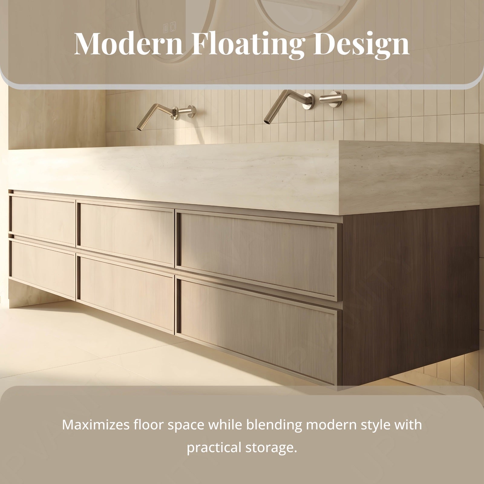 Modern Bath Vanity Set, Light Oak, Beige Travertine Top, 52"-78", Double, Floating, Smart LED Mirror