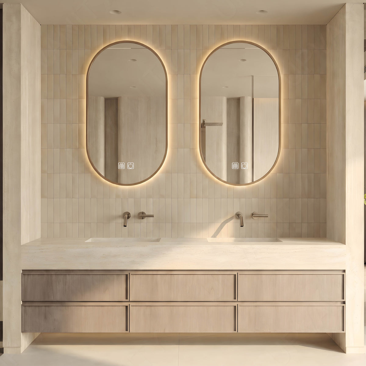 Modern Bath Vanity Set, Light Oak, Beige Travertine Top, 52