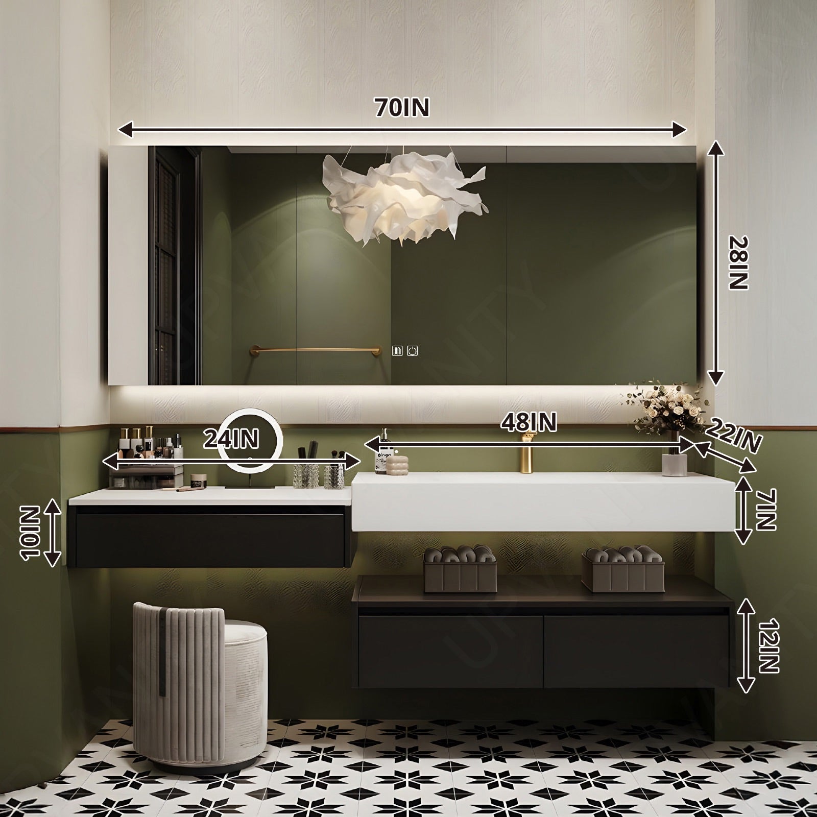 Modern Bath Vanity Set, Makeup Table, Black, Split White Top, 52"-78", Single, Floating, Smart LED Mirror, Rear Cabinet
