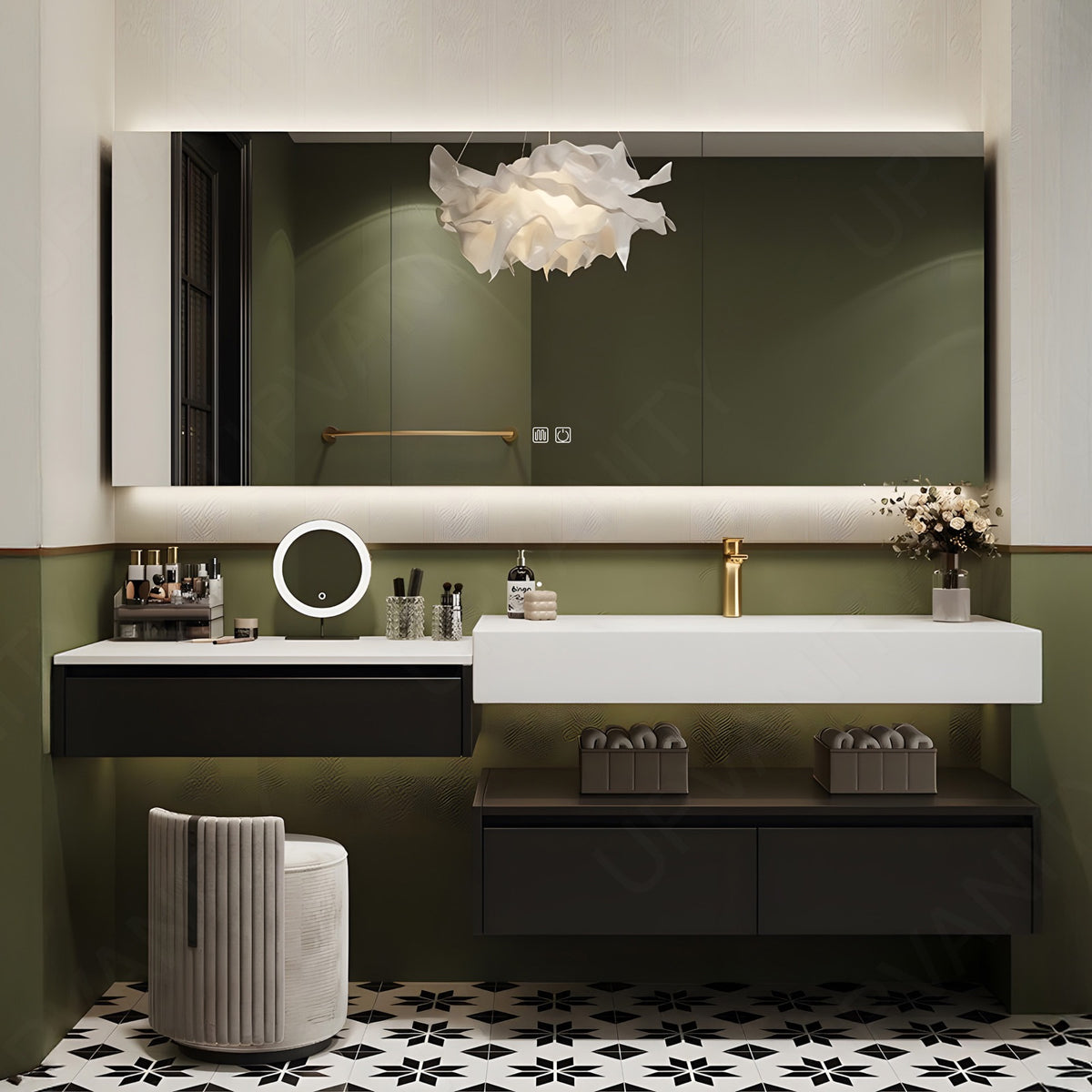 Modern Bath Vanity Set, Makeup Table, Black, Split White Top, 52"-78", Single, Floating, Smart LED Mirror, Rear Cabinet