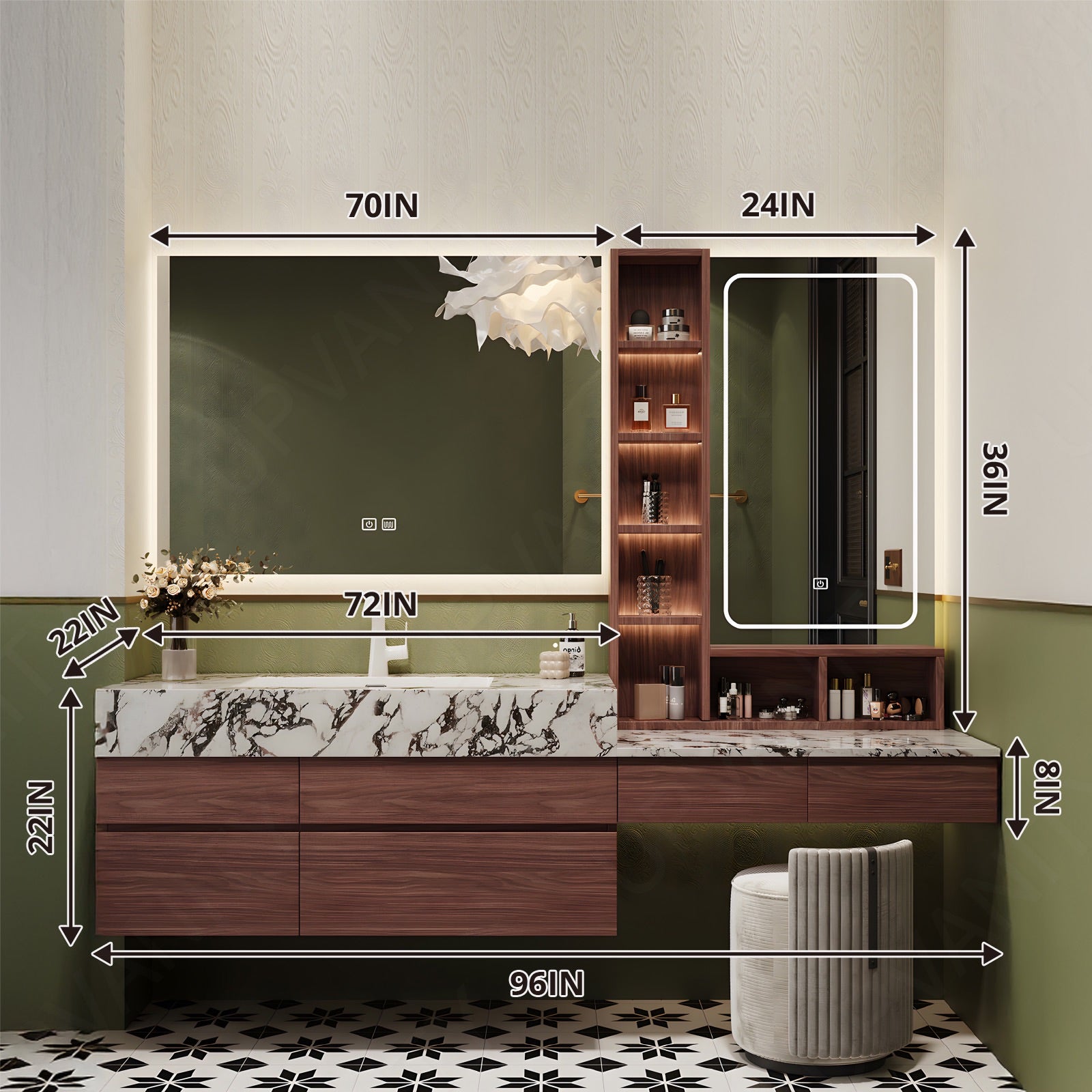 Modern Bath Vanity Set, Makeup Table, Brown, Marble Textured Top, 76"-100", Single, Floating, Smart LED Mirror, Side Cabinet