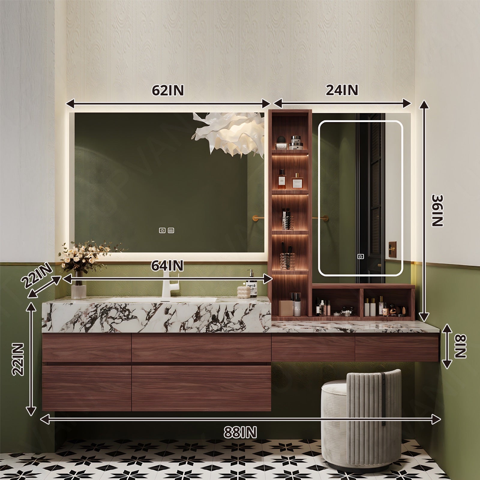 Modern Bath Vanity Set, Makeup Table, Brown, Marble Textured Top, 76"-100", Single, Floating, Smart LED Mirror, Side Cabinet