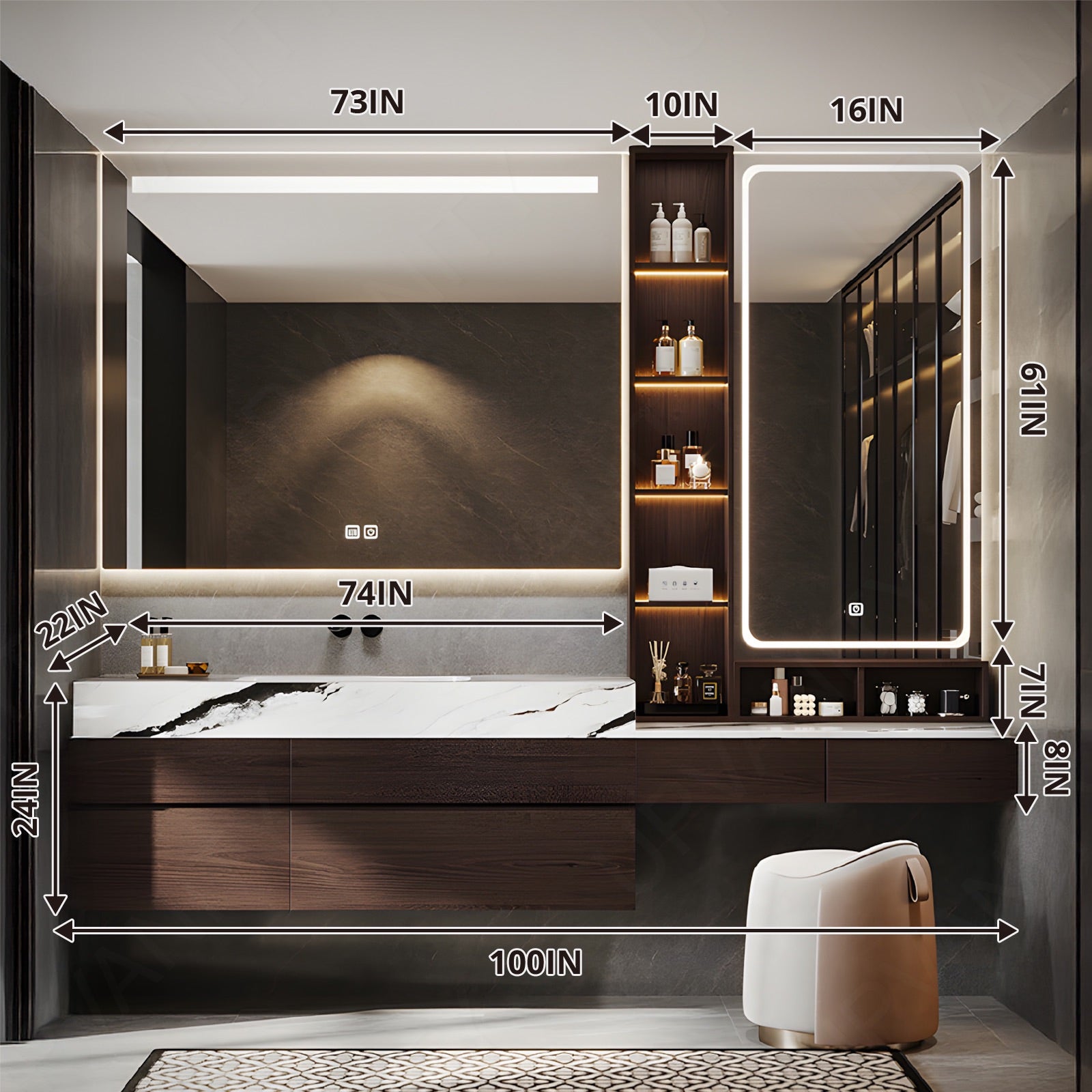 Modern Bath Vanity Set, Makeup Table, Brown, White Marble Textured Top, 80"-100", Single, Floating, Smart LED Mirror, Side Cabinet