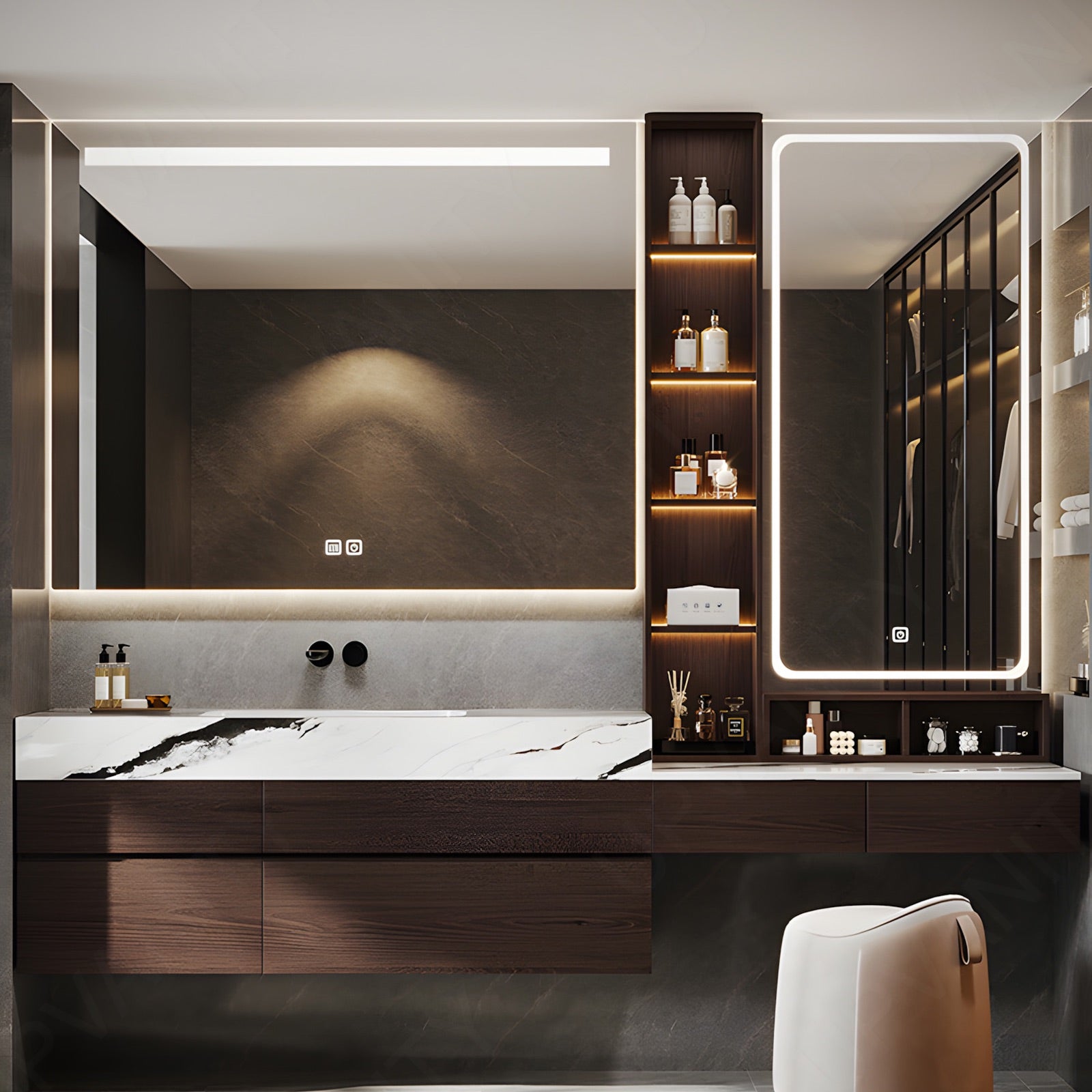 Modern Bath Vanity Set, Makeup Table, Brown, White Marble Textured Top, 80"-100", Single, Floating, Smart LED Mirror, Side Cabinet