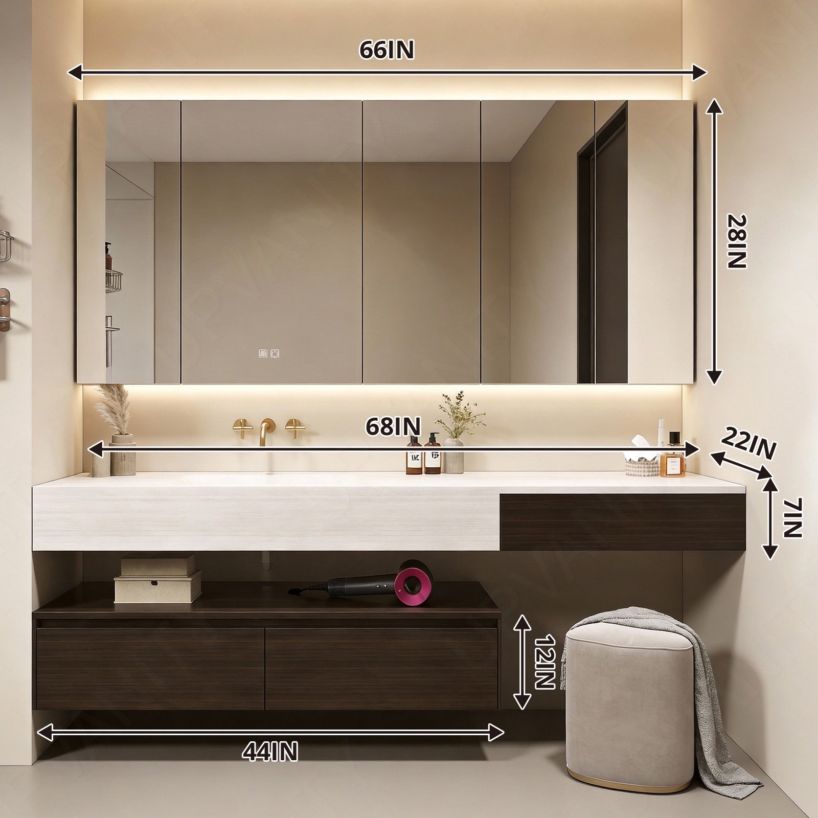 Modern Bath Vanity Set, Makeup Table, Brown, White Slate Top, 52"-92", Single, Floating, Open Storage, Smart LED Mirror, Rear Cabinet