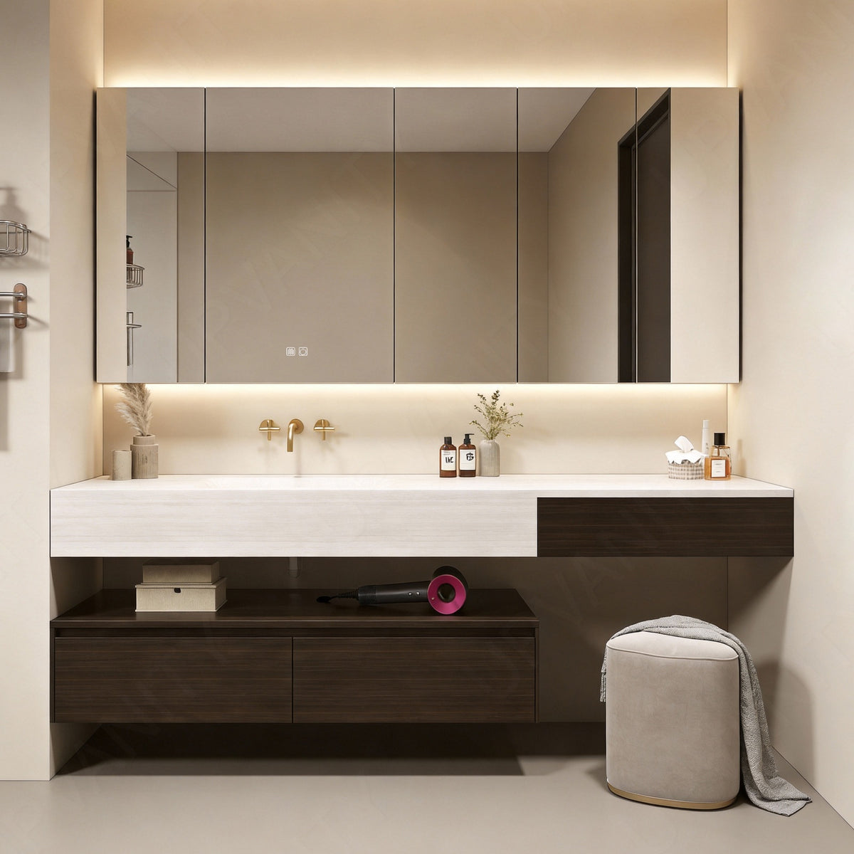 Modern Bath Vanity Set, Makeup Table, Brown, White Slate Top, 52"-92", Single, Floating, Open Storage, Smart LED Mirror, Rear Cabinet
