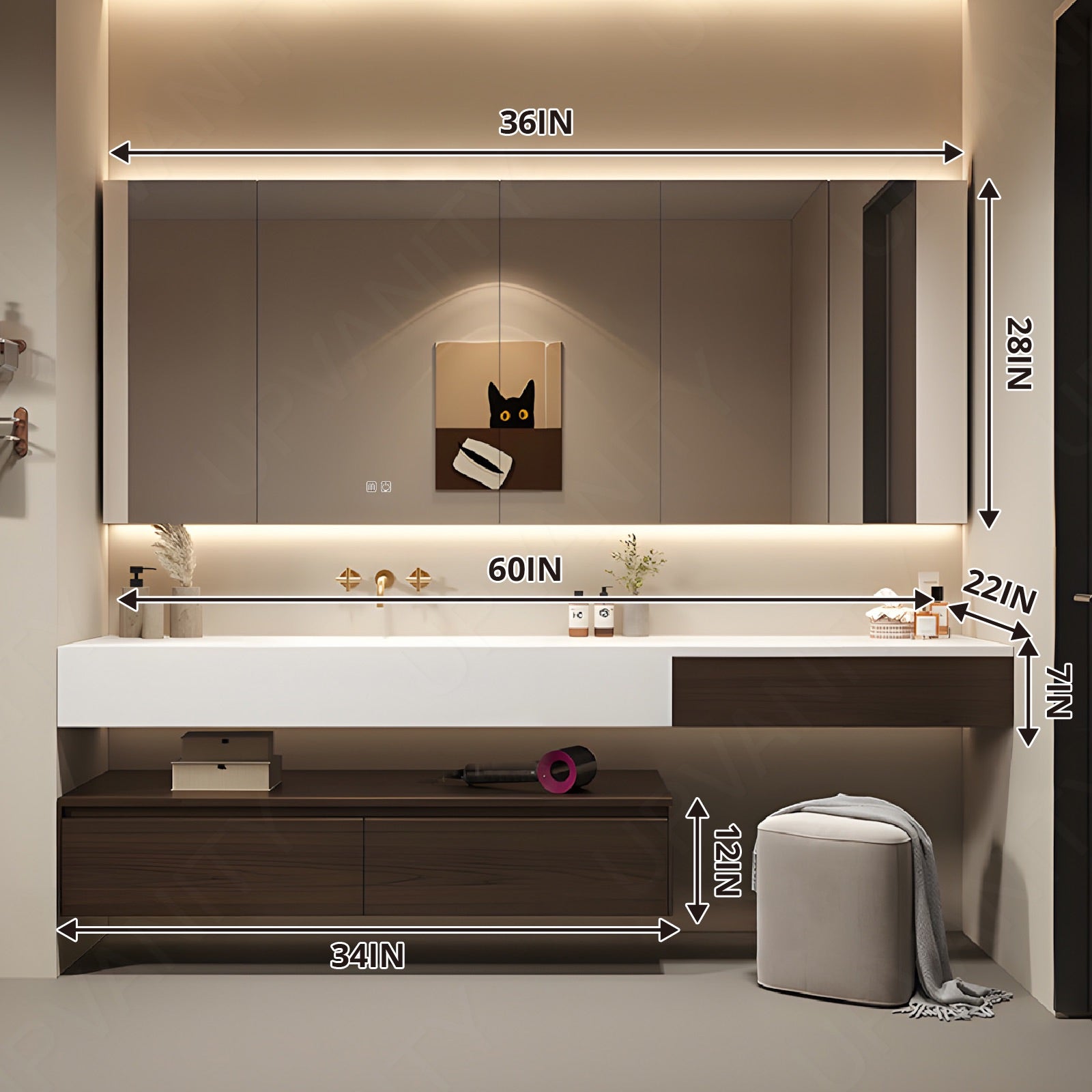 Modern Bath Vanity Set, Makeup Table, Brown, White Slate Top, 52"-96", Single, Floating, Open Storage, Smart LED Mirror, Rear Cabinet