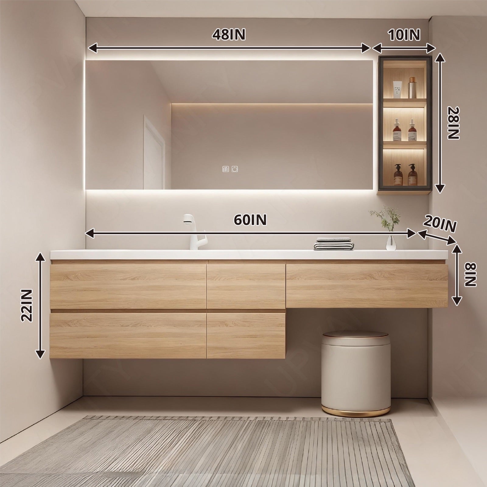 Modern Bath Vanity Set, Makeup Table, Natural, White Slate Top, 52"-78", Single, Floating, Smart LED Mirror, Side Cabinet