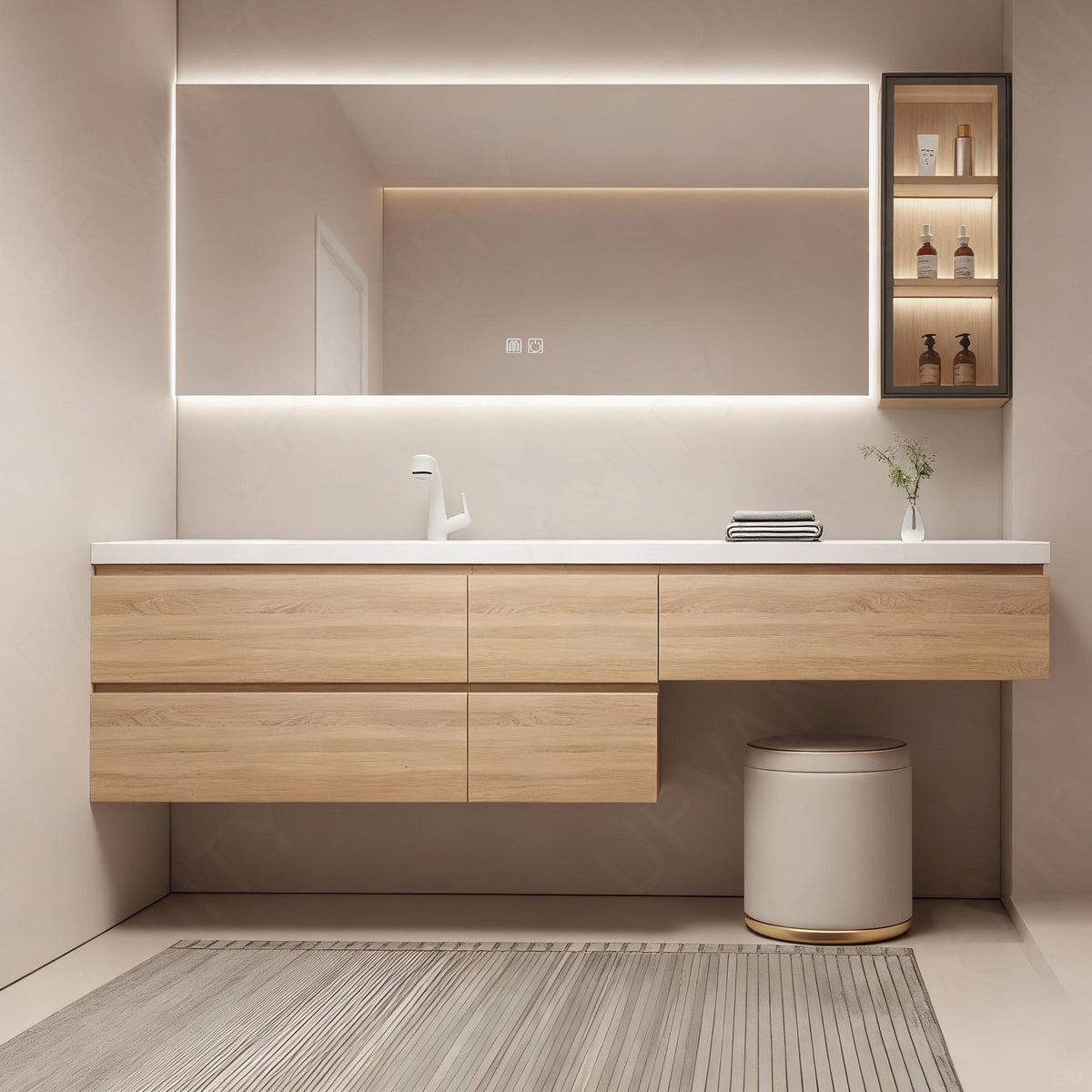 Modern Bath Vanity Set, Makeup Table, Natural, White Slate Top, 52"-78", Single, Floating, Smart LED Mirror, Side Cabinet