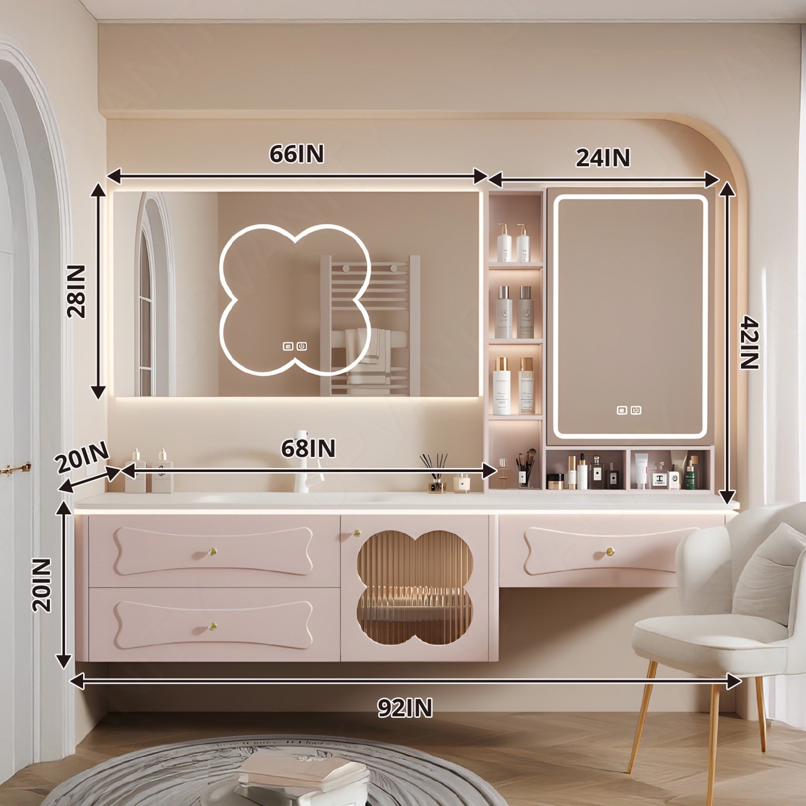 Modern Bath Vanity Set, Makeup Table, Pink, White Slate Top, 76"-100", Single, Floating, Smart LED Mirror, Sensor Light, Side Cabinet