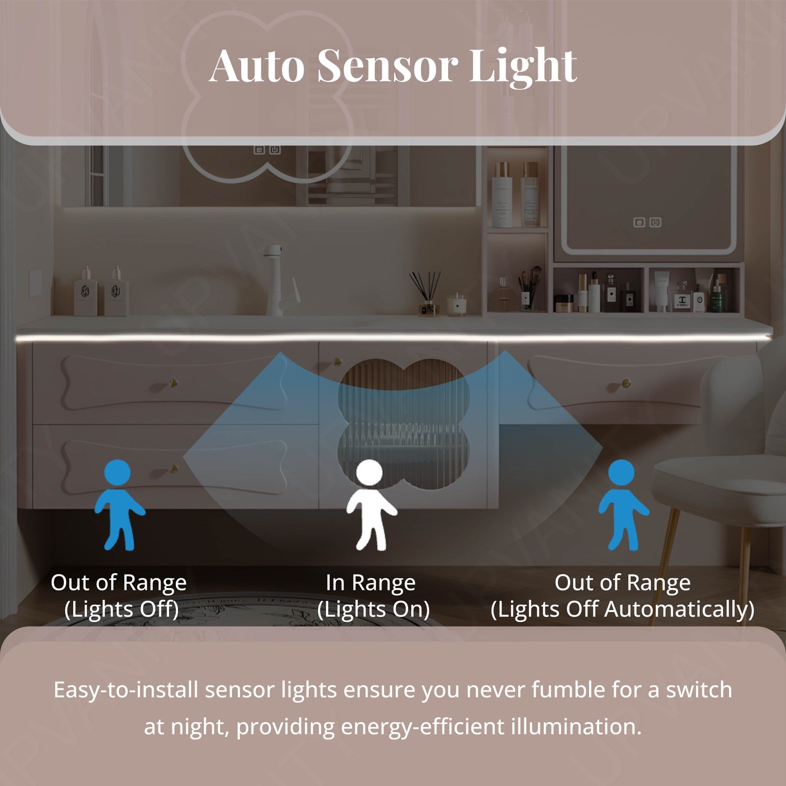 Modern Bath Vanity Set, Makeup Table, Pink, White Slate Top, 76"-100", Single, Floating, Smart LED Mirror, Sensor Light, Side Cabinet