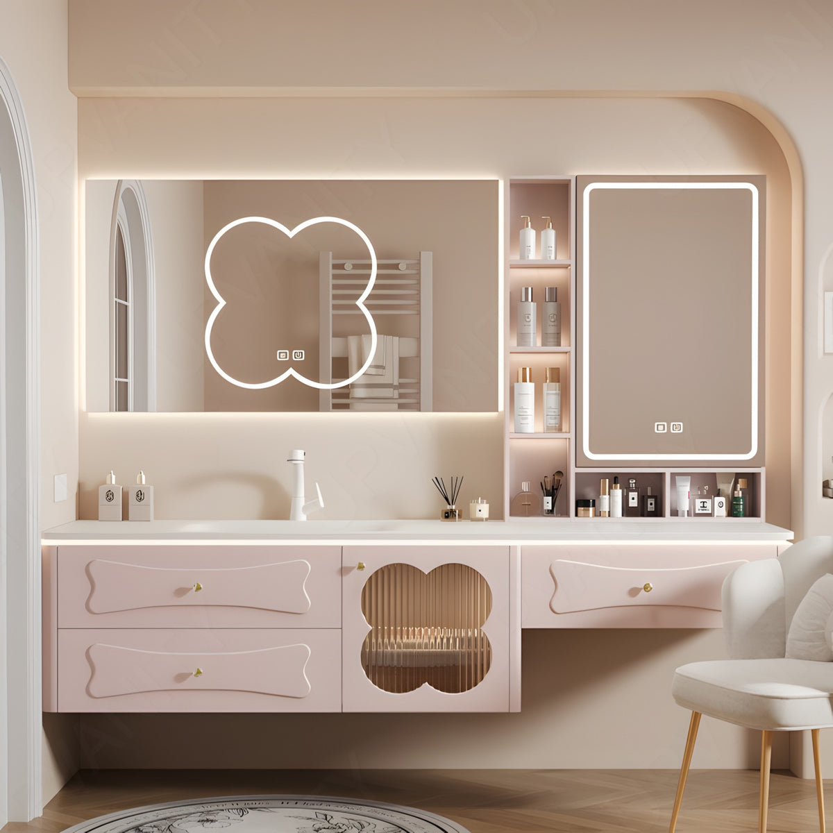 Modern Bath Vanity Set, Makeup Table, Pink, White Slate Top, 76"-100", Single, Floating, Smart LED Mirror, Sensor Light, Side Cabinet