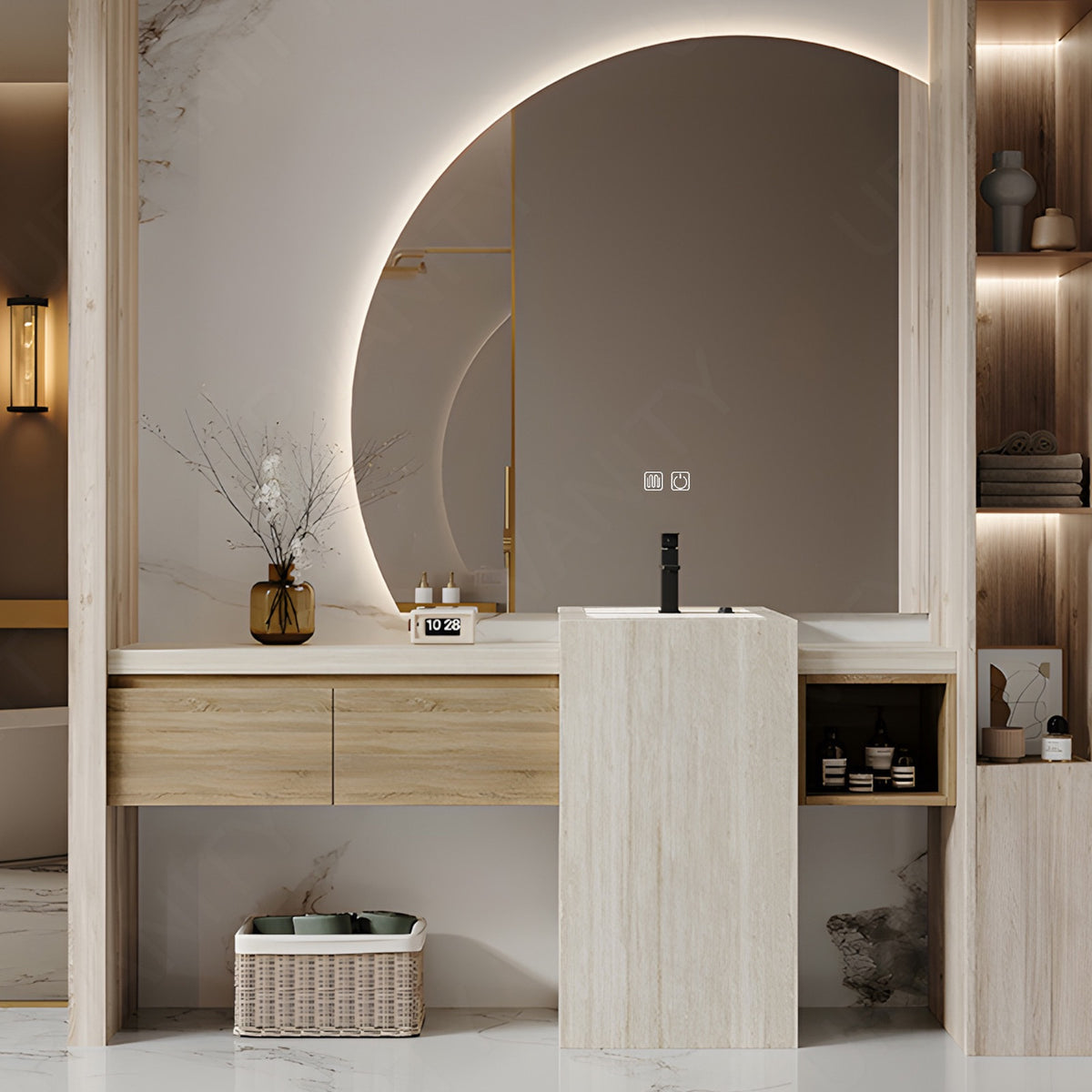 Modern Bath Vanity Set, Natural, Beige Column, 56"- 72", Single, Freestanding, Open Storage, Smart LED Mirror