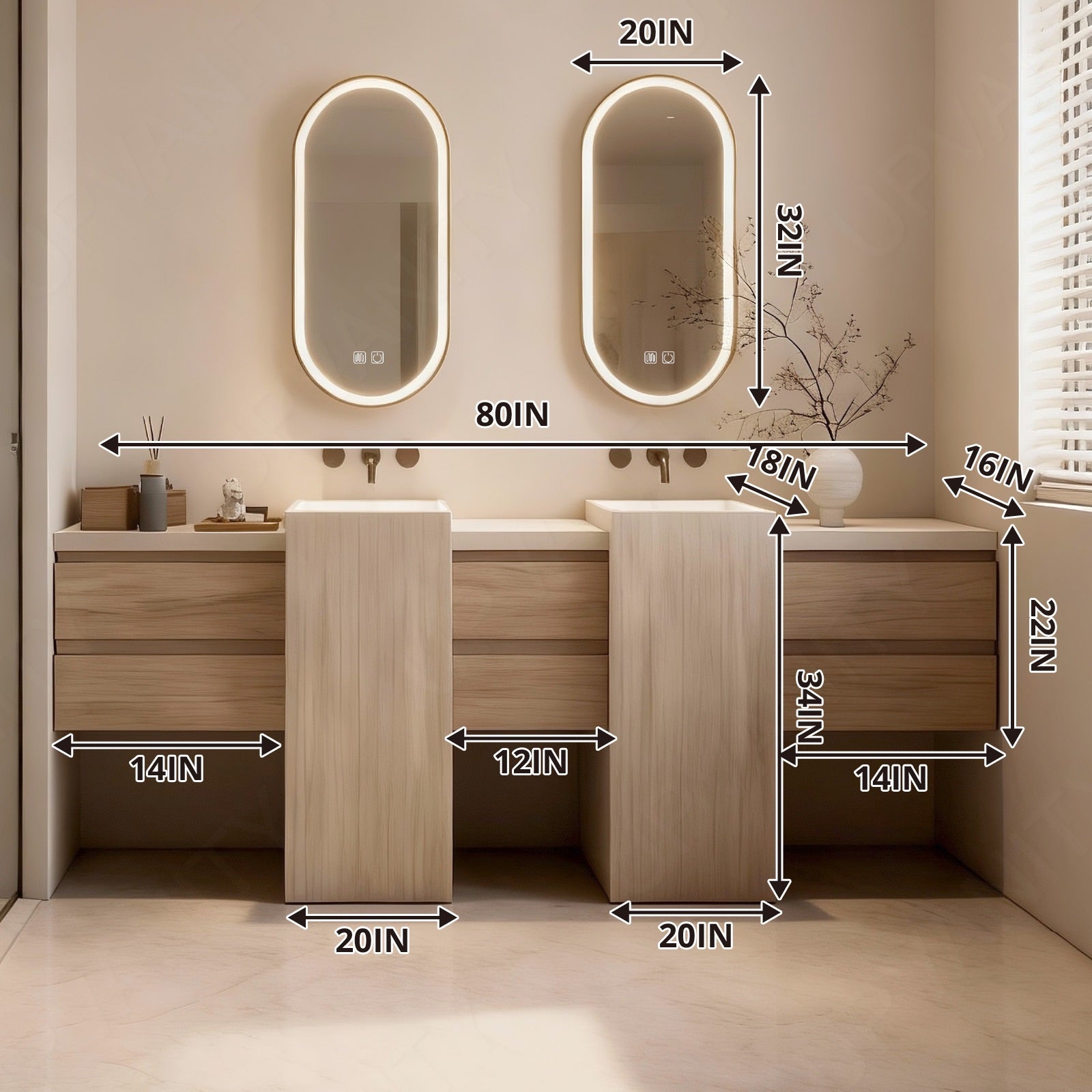 Modern Bath Vanity Set, Natural, Beige Column, 80"-100", Double, Freestanding, Dual Oval Smart LED Mirror