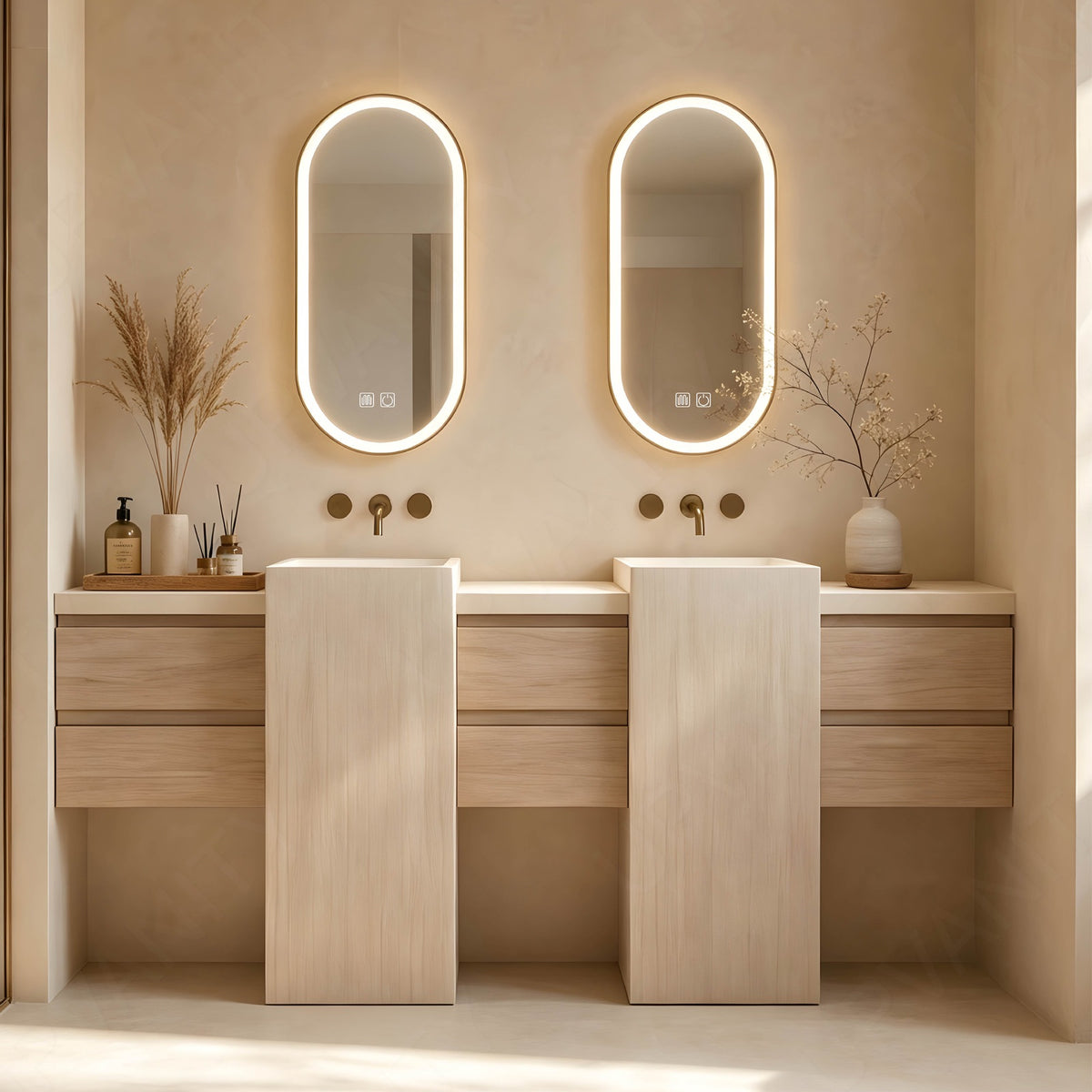 Modern Bath Vanity Set, Natural, Beige Column, 80"-100", Double, Freestanding, Dual Oval Smart LED Mirror
