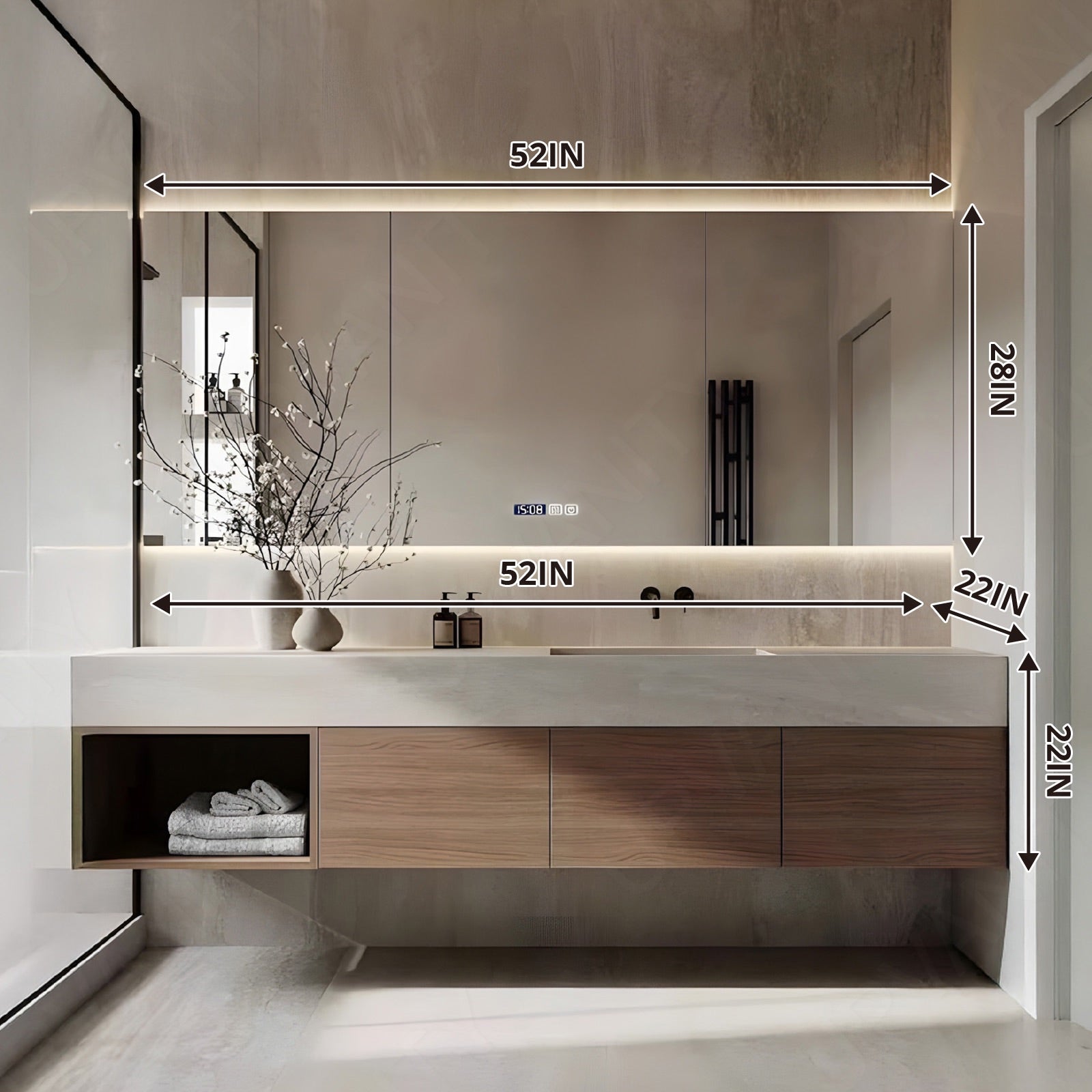 Modern Bath Vanity Set, Natural, Beige Slate Top, 40"-64", Single, Floating, Open Storage, Smart LED Mirror, Rear Cabinet