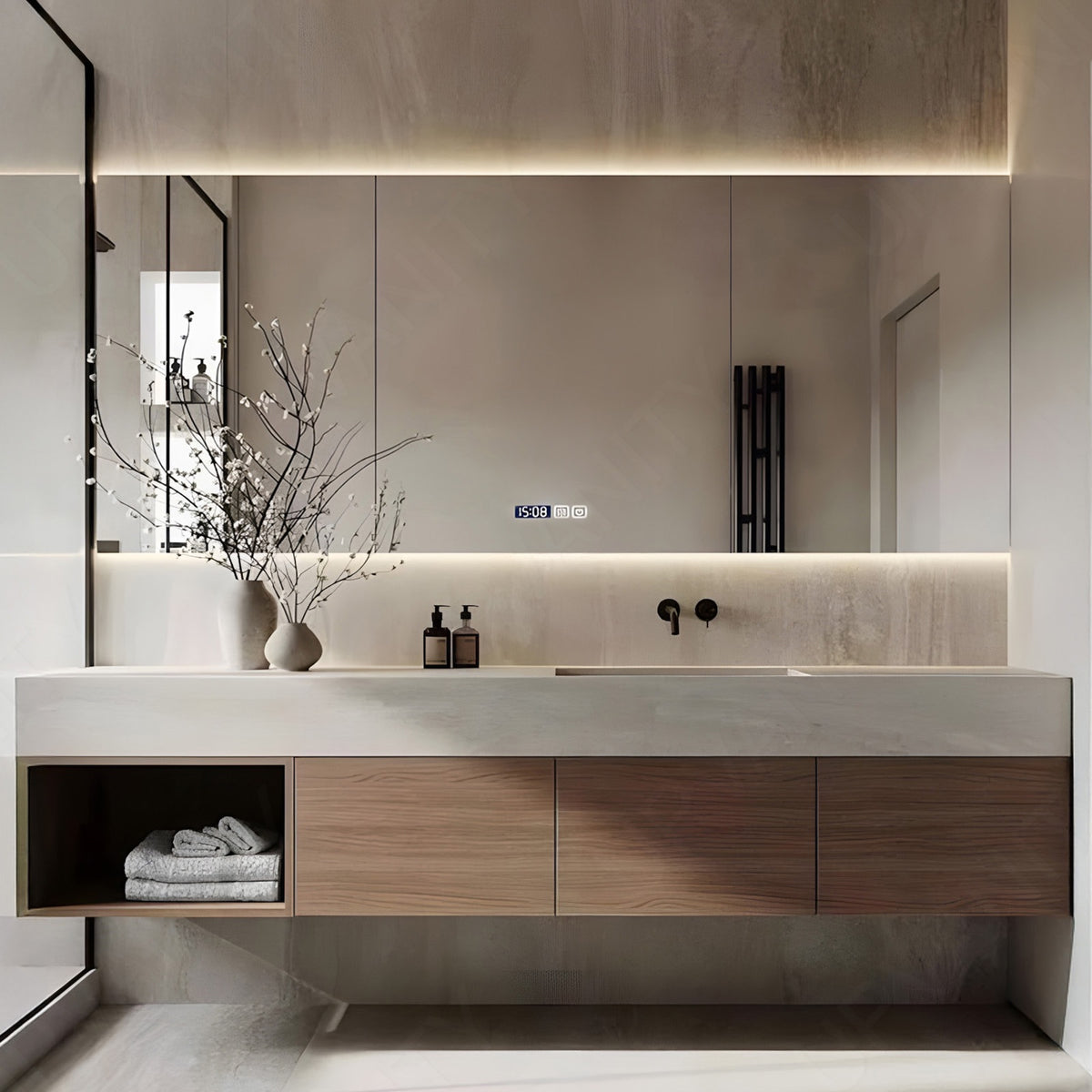 Modern Bath Vanity Set, Natural, Beige Slate Top, 40"-64", Single, Floating, Open Storage, Smart LED Mirror, Rear Cabinet