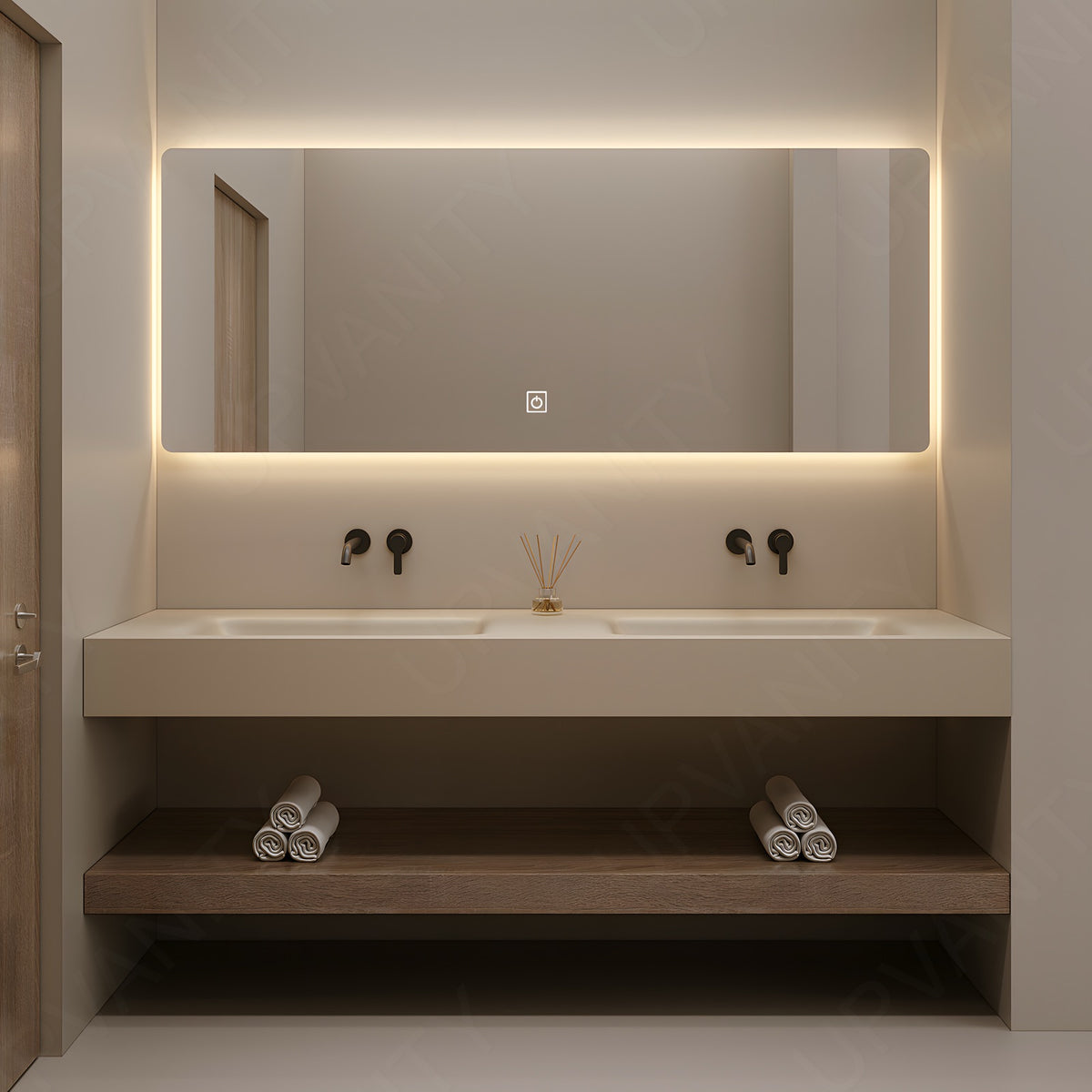 Modern Bath Vanity Set, Natural, Beige Slate Top, 56"-78", Single, Floating, Open Storage, Smart LED Mirror