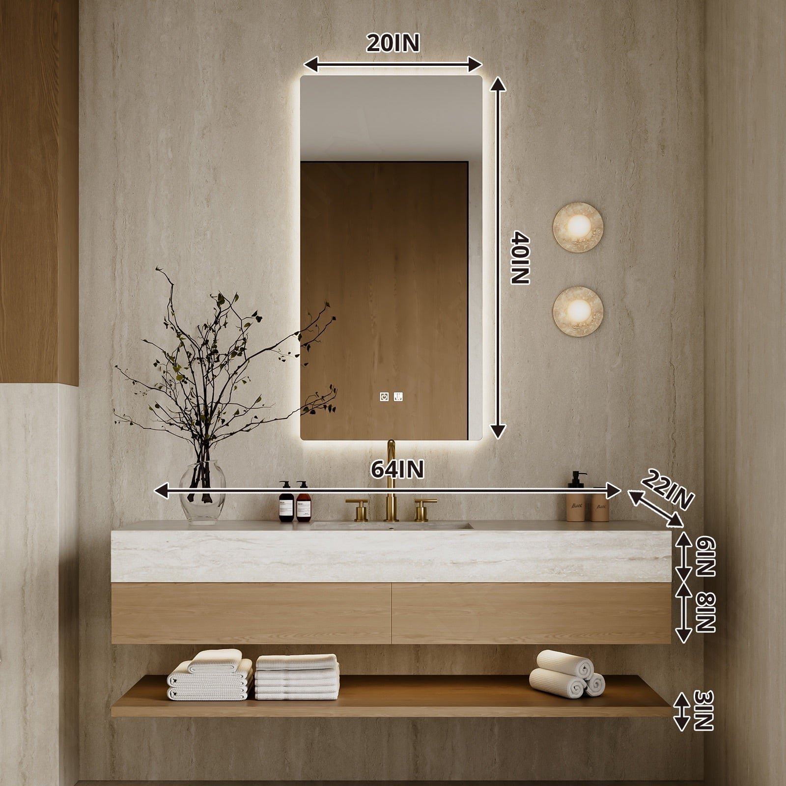 Modern Bath Vanity Set, Natural, Beige Travertine Top, 36"-64", Single, Floating, Open Storage, Smart LED Mirror