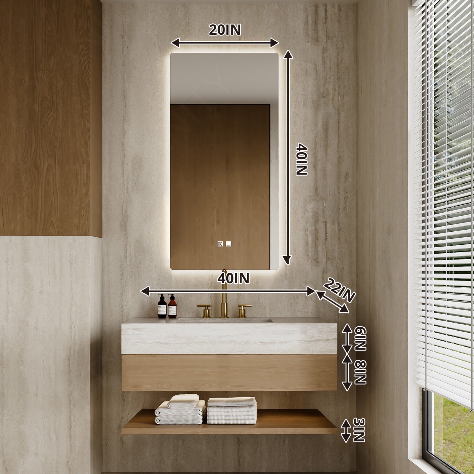 Modern Bath Vanity Set, Natural, Beige Travertine Top, 36"-64", Single, Floating, Open Storage, Smart LED Mirror