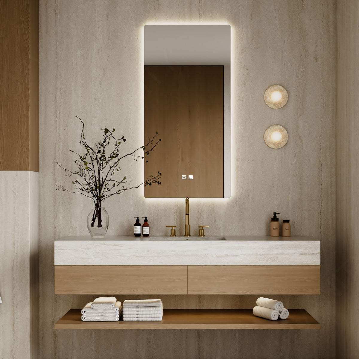 Modern Bath Vanity Set, Natural, Beige Travertine Top, 36"-64", Single, Floating, Open Storage, Smart LED Mirror