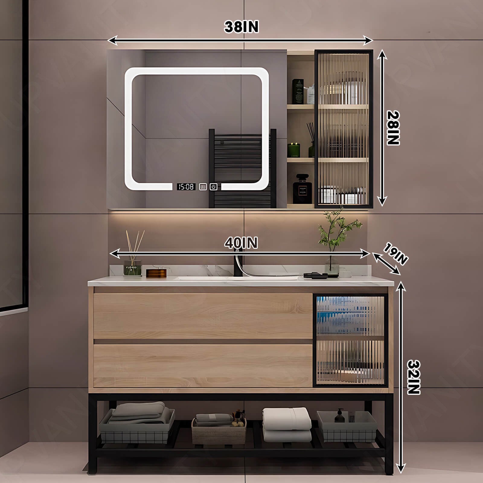 Modern Bath Vanity Set, Natural, Black Accents, 36"-48", Single, Freestanding, Glass Door, Smart LED Mirror, Side/Rear Cabinet