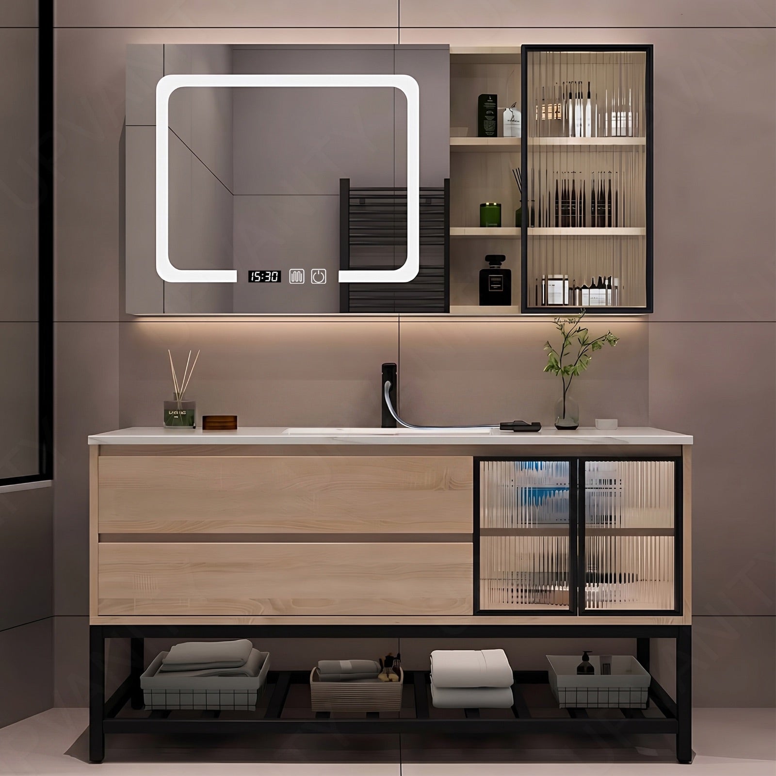 Modern Bath Vanity Set, Natural, Black Accents, 36"-48", Single, Freestanding, Glass Door, Smart LED Mirror, Side/Rear Cabinet