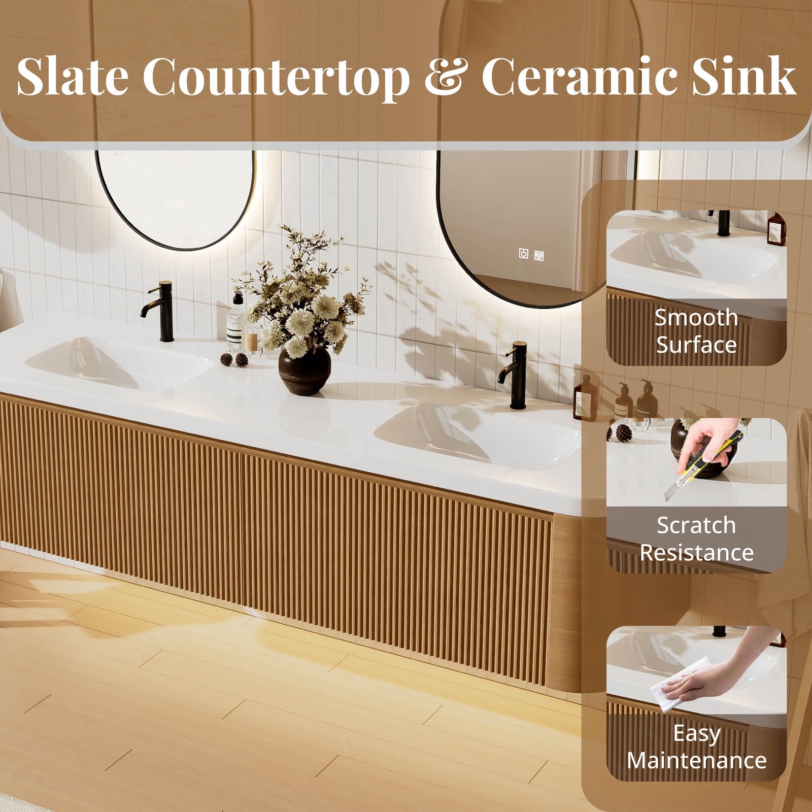 Modern Bath Vanity Set, Natural, Black Accents, 72"-104", Double, Floating, Fluted Panel, Rounded Edge, Dual Smart LED Mirror