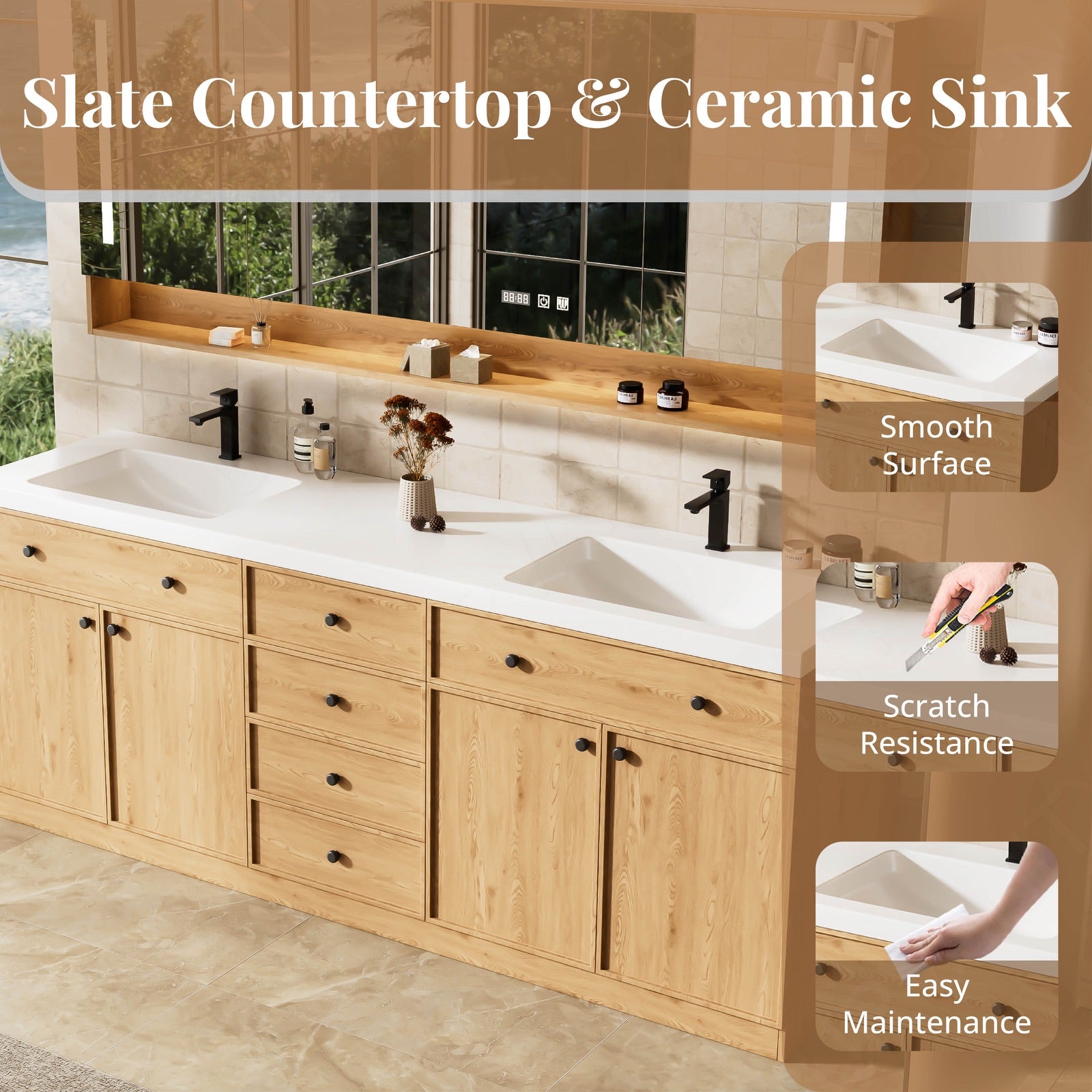 Modern Bath Vanity Set, Natural, Black Accents, 72"-104", Double, Freestanding,  Open Storage, Smart LED Mirror, Rear Cabinet