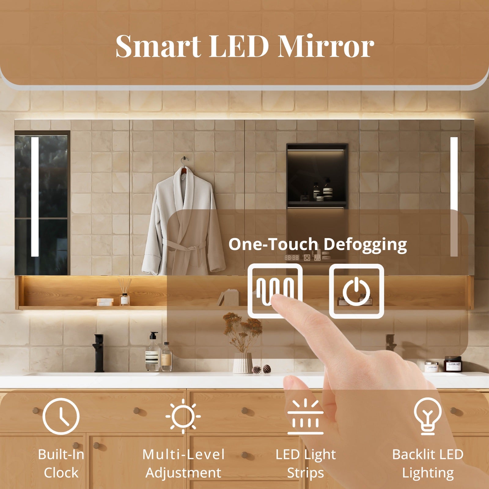 Modern Bath Vanity Set, Natural, Black Accents, 72"-104", Double, Freestanding,  Open Storage, Smart LED Mirror, Rear Cabinet