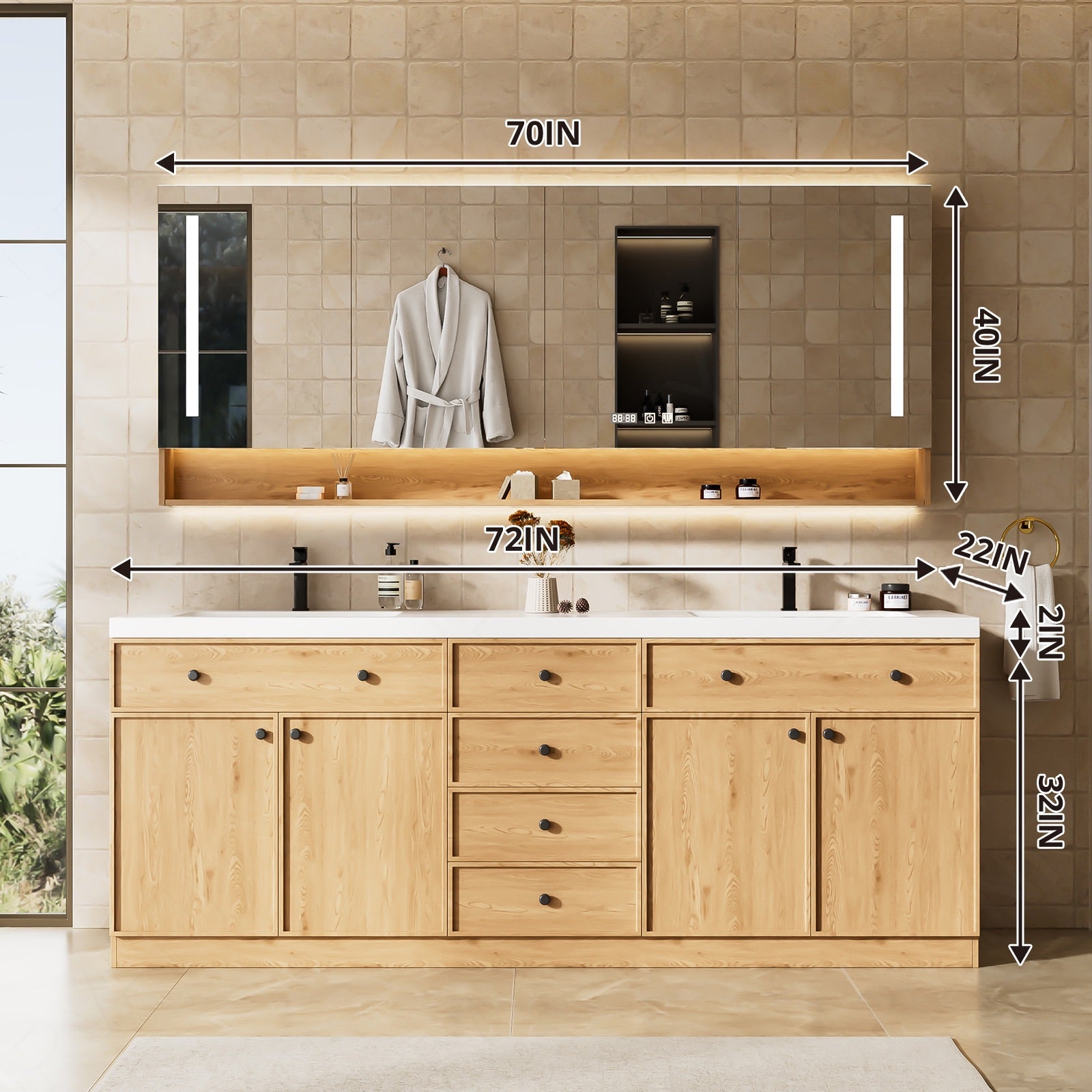 Modern Bath Vanity Set, Natural, Black Accents, 72"-104", Double, Freestanding,  Open Storage, Smart LED Mirror, Rear Cabinet