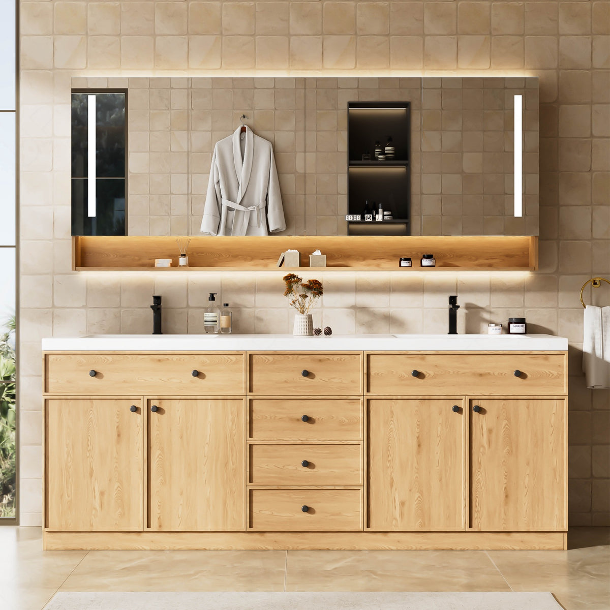 Modern Bath Vanity Set, Natural, Black Accents, 72"-104", Double, Freestanding,  Open Storage, Smart LED Mirror, Rear Cabinet
