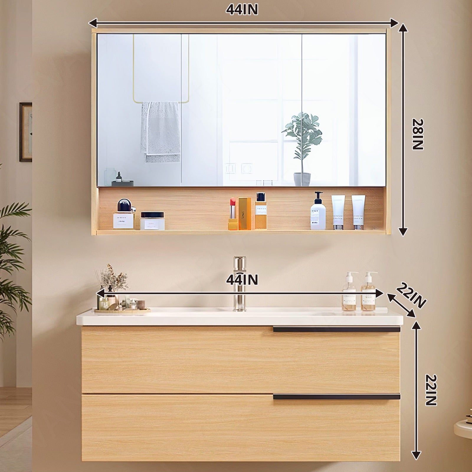 Modern Bath Vanity Set, Natural, Black Accents, White Slate Top, Sectional Storage, 40"-64", Single, Floating, Smart LED Mirror, Rear Cabinet