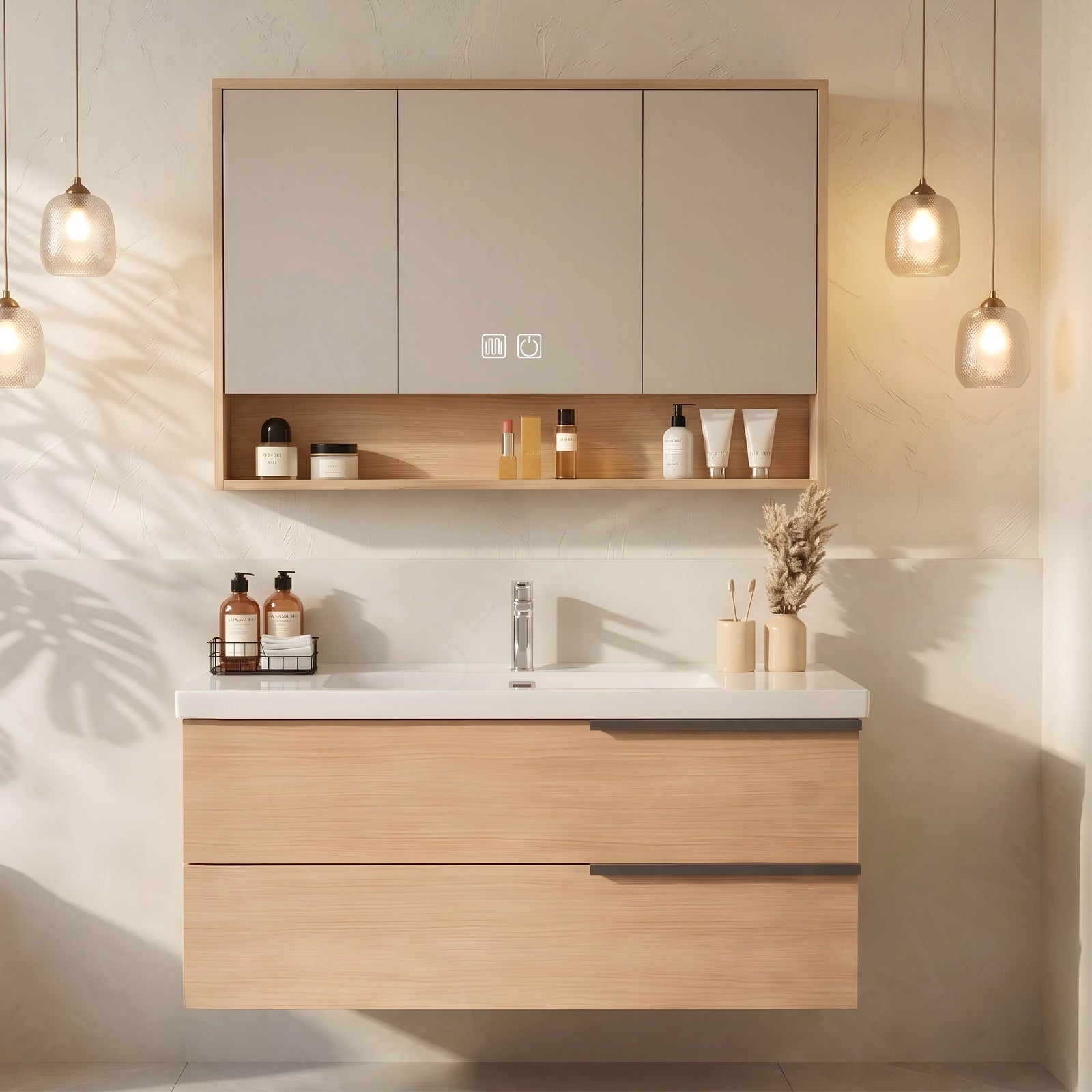 Modern Bath Vanity Set, Natural, Black Accents, White Slate Top, Sectional Storage, 40"-64", Single, Floating, Smart LED Mirror, Rear Cabinet