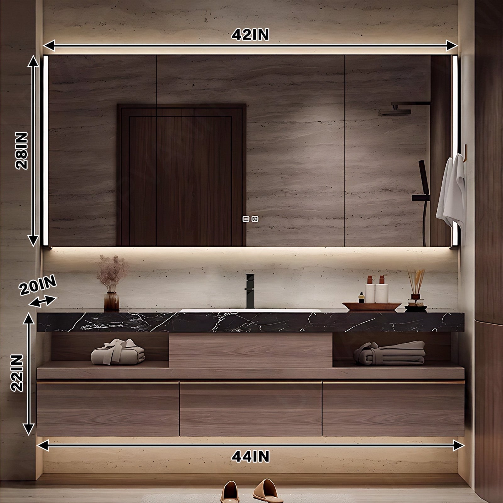 Modern Bath Vanity Set, Natural, Black Marble Textured Top, 44"- 64", Single, Floating, Smart LED Mirror, Rear Cabinet