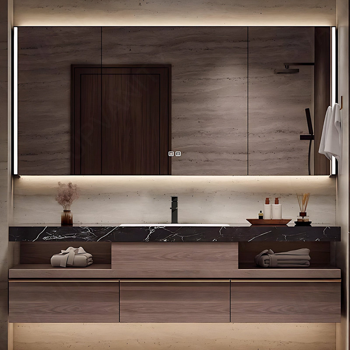 Modern Bath Vanity Set, Natural, Black Marble Textured Top, 44"- 64", Single, Floating, Smart LED Mirror, Rear Cabinet