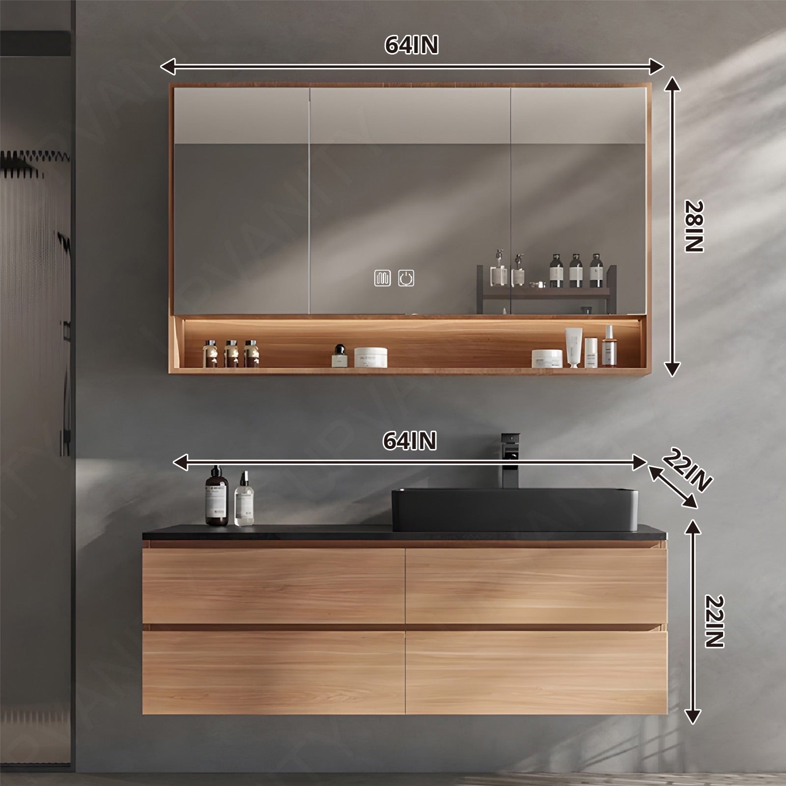 Modern Bath Vanity Set, Natural, Black Slate Top, 40"-64", Single Vessel Sink, Floating, Smart LED Mirror, Rear Cabinet