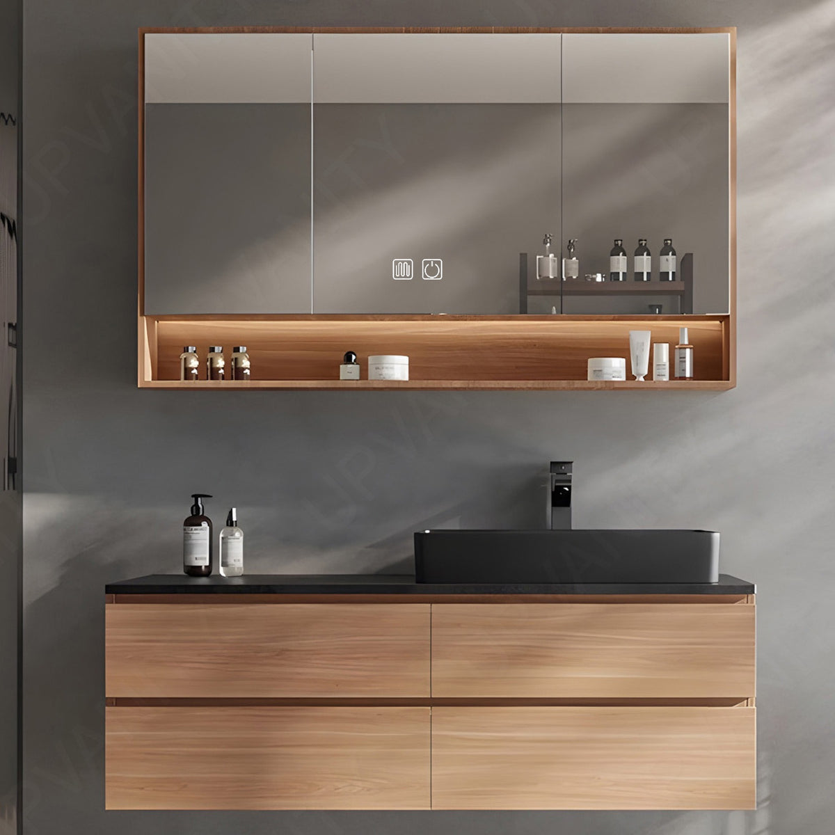 Modern Bath Vanity Set, Natural, Black Slate Top, 40"-64", Single Vessel Sink, Floating, Smart LED Mirror, Rear Cabinet