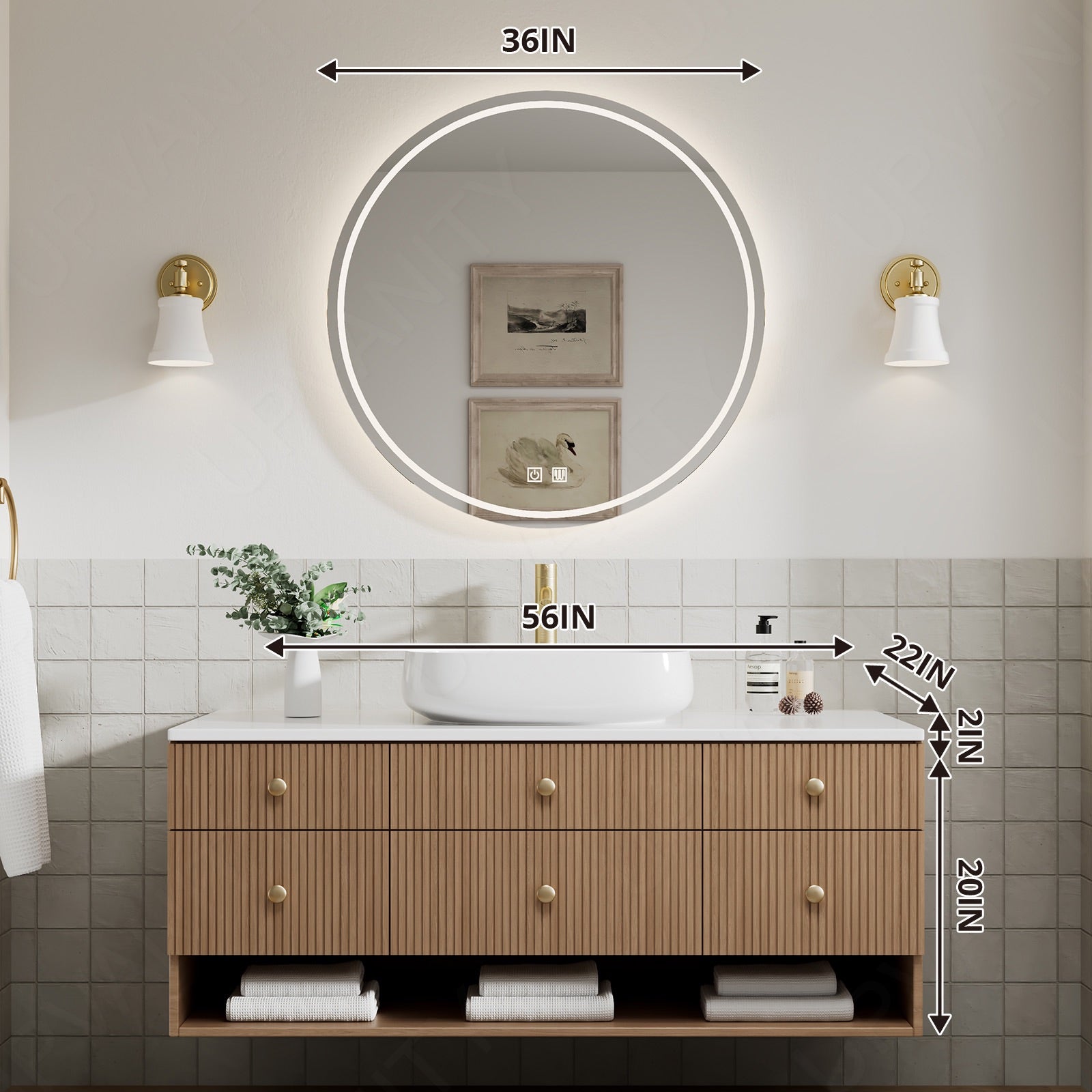 Modern Bath Vanity Set, Natural, Fluted Panel, 40"-60", Single Vessel Sink, Floating, Open Storage, Round Smart LED Mirror