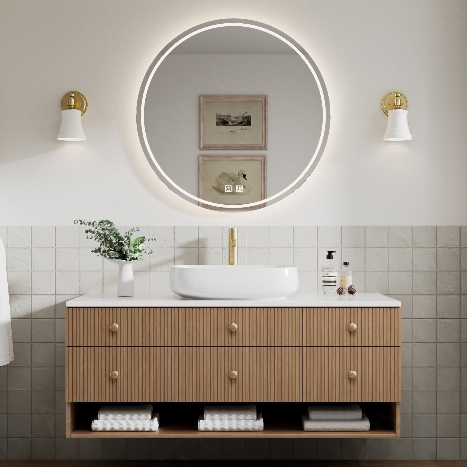 Modern Bath Vanity Set, Natural, Fluted Panel, 40"-60", Single Vessel Sink, Floating, Open Storage, Round Smart LED Mirror